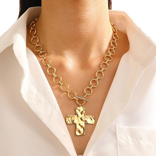 Gold Chunky Cross Necklace for Women Statement Cross Pendant Necklace Layered Ha