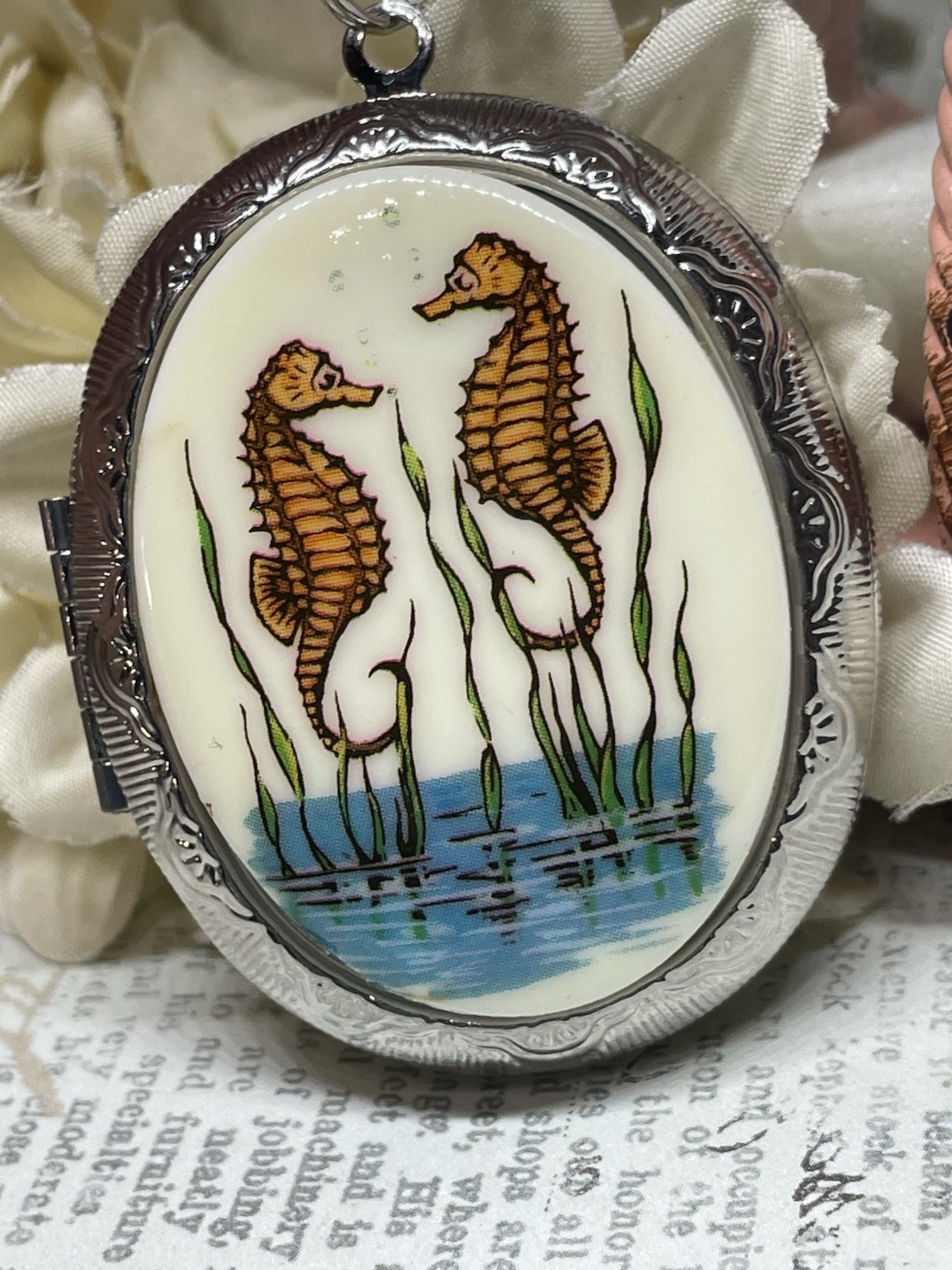 Silver Locket Necklace Beach Seahorse Sea Horse Wedding Photo Jewelry Birthday