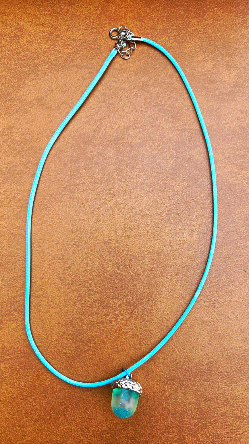 Homemade Blue Cord Necklace Round Blue Glass Acorn Charm Pendant, Lobster Clasp