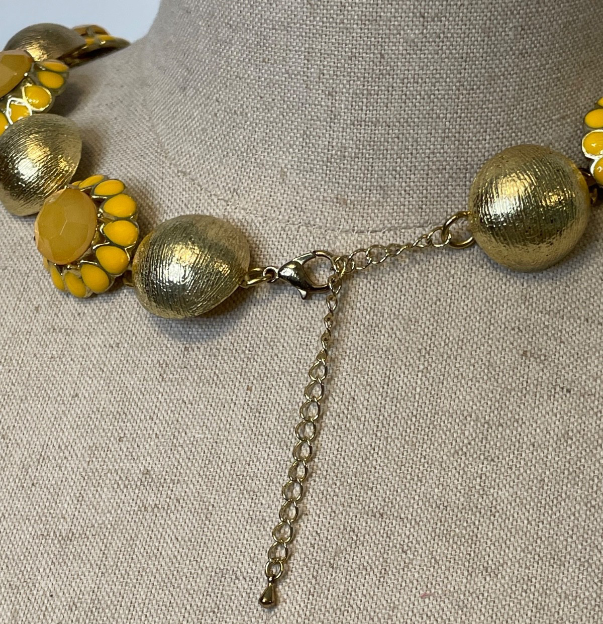 Sunflower Yellow Enamel & Bead Gold Tone Brushed Round Dome Choker Necklace
