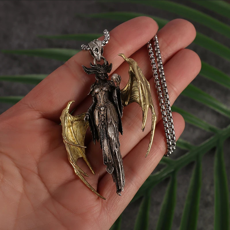 Hell Demon Jewelry Vintage Silver Sexy Goddess Standing Pendant Necklace