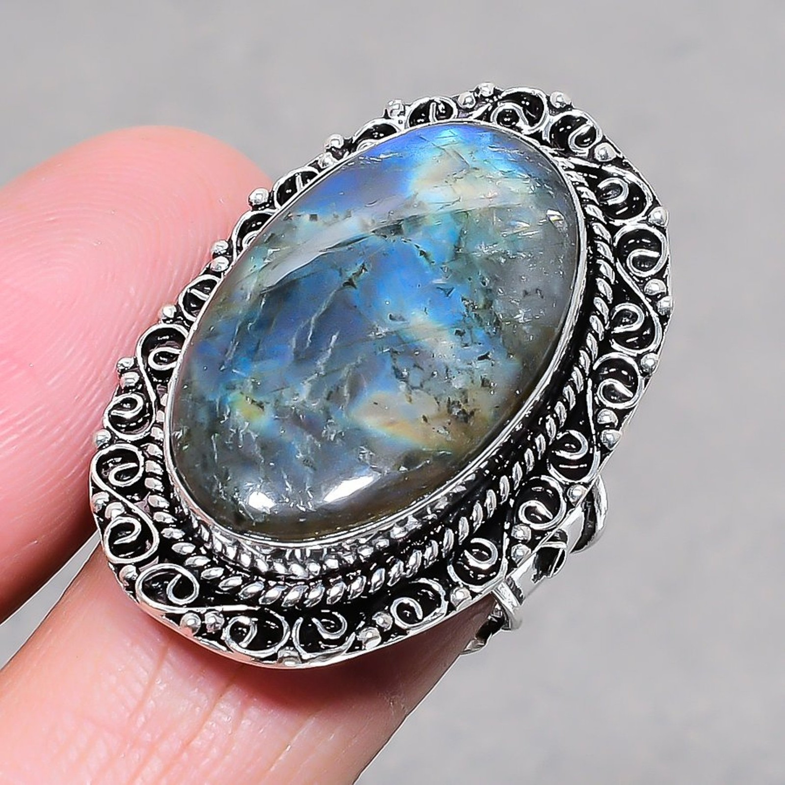 Blue Fire Labradorite Oval Shape Gemstone Jewelry Vintage Adjustable Ring SR 790