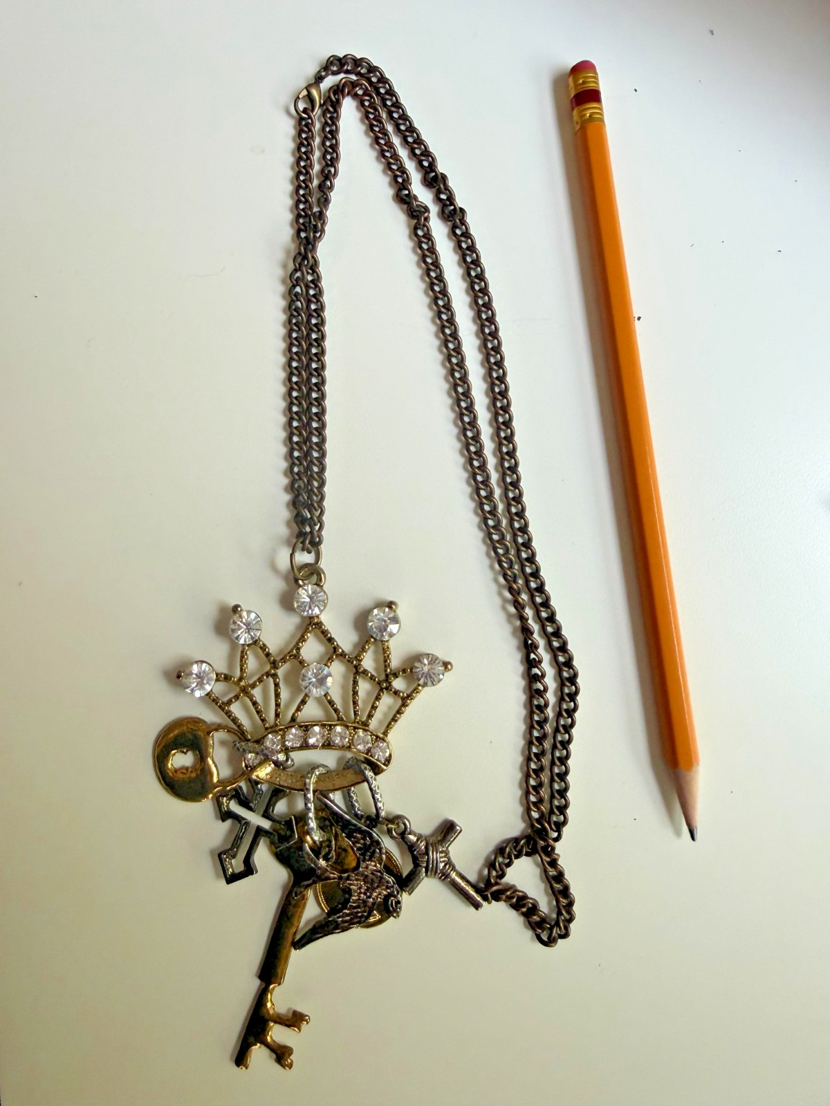 Medieval Renaissance Crown Lock Key Cross Bird Coin Bling Cosplay Punk Necklace