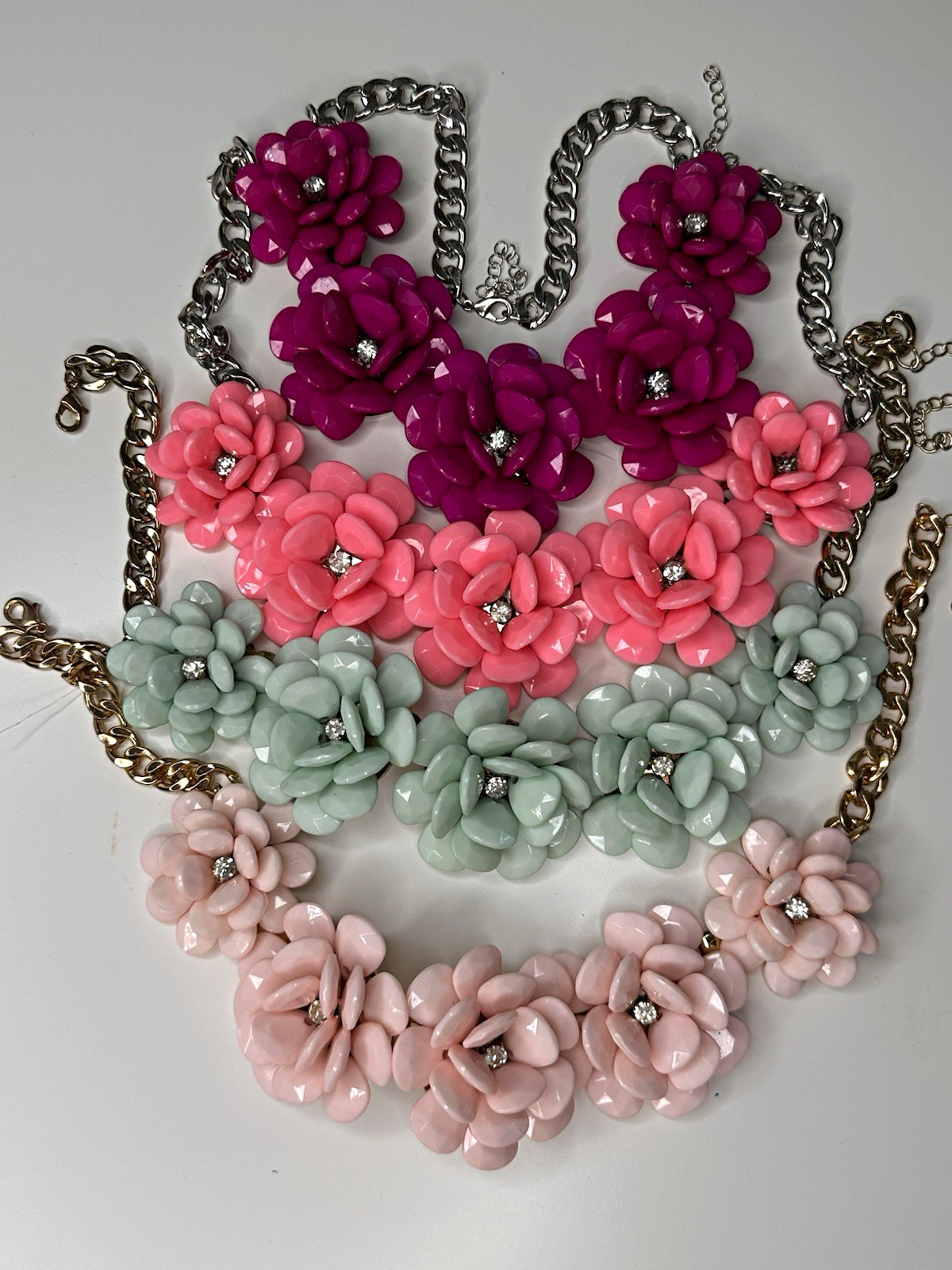 Multicolor Resin Flower Statement 4 Necklaces w/ Clear Rhinestones, Curb Link