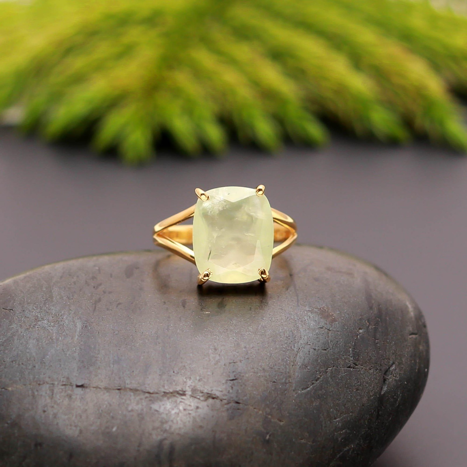 Natural Prehnite Cushion Ring 925 Sterling Silver Gold Filled Handmade Jewelry