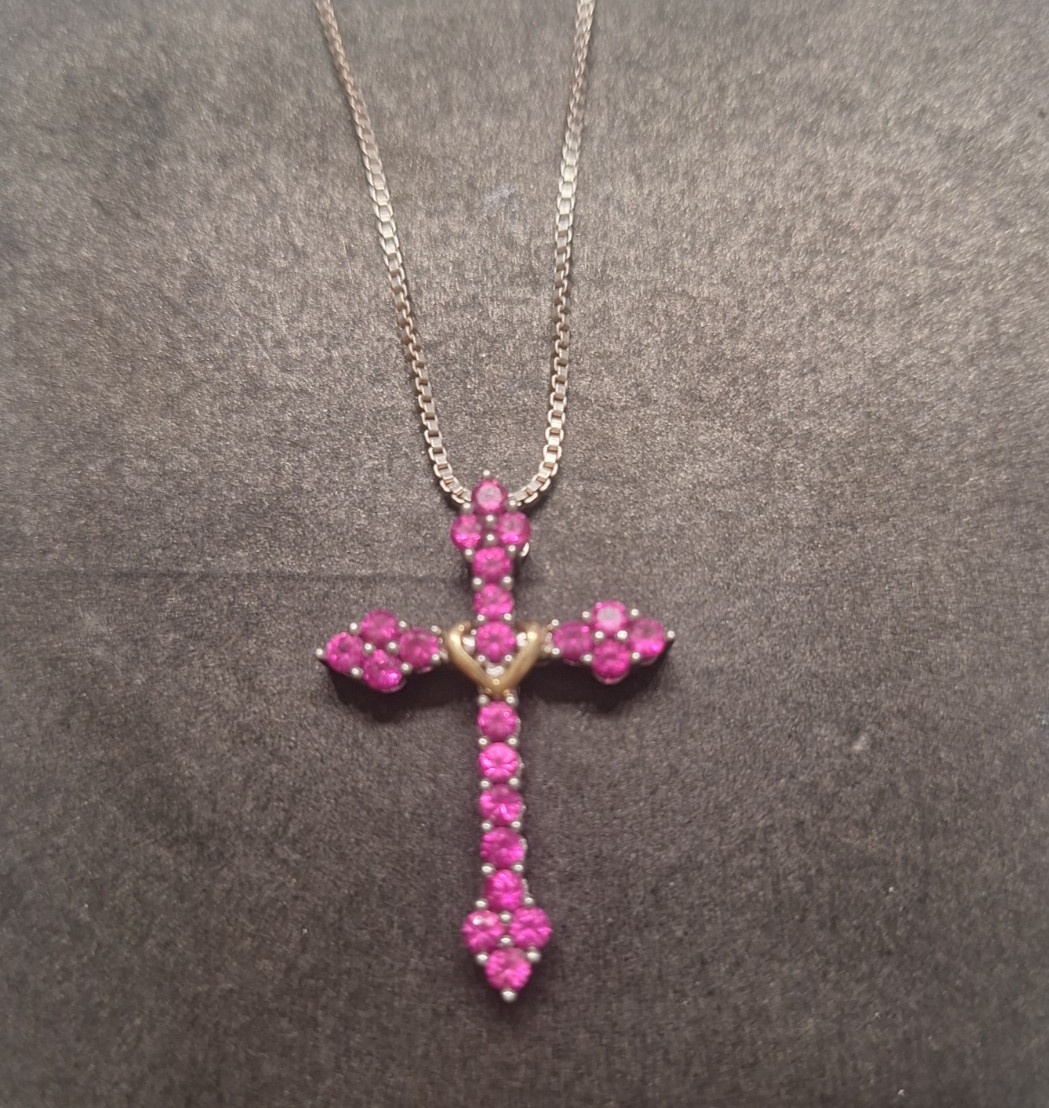 Sterling Silver Necklace & Crossn Pendant w/ 10k Gold Accent & Pink Sapphire