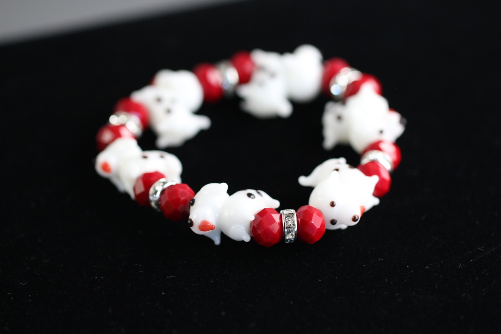 Dog Lampwork Bracelet 7″ Elastic Glass Beads Red Crystal White Polka Dot