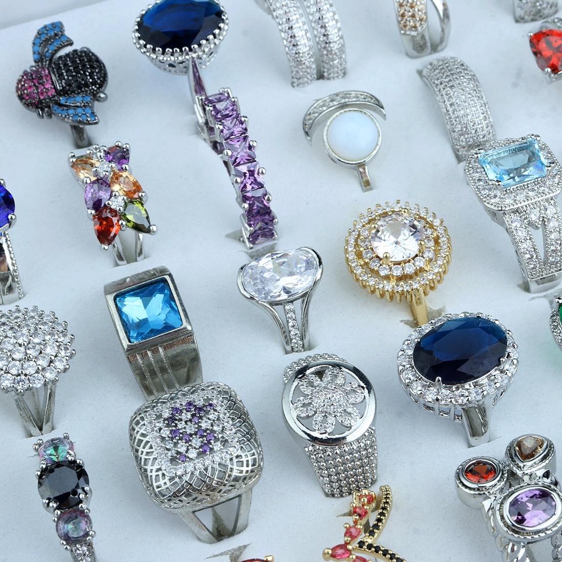 20-100x Wholesale Colored Zircon Rings Bulk Rings Jewelry Mixed Sizes