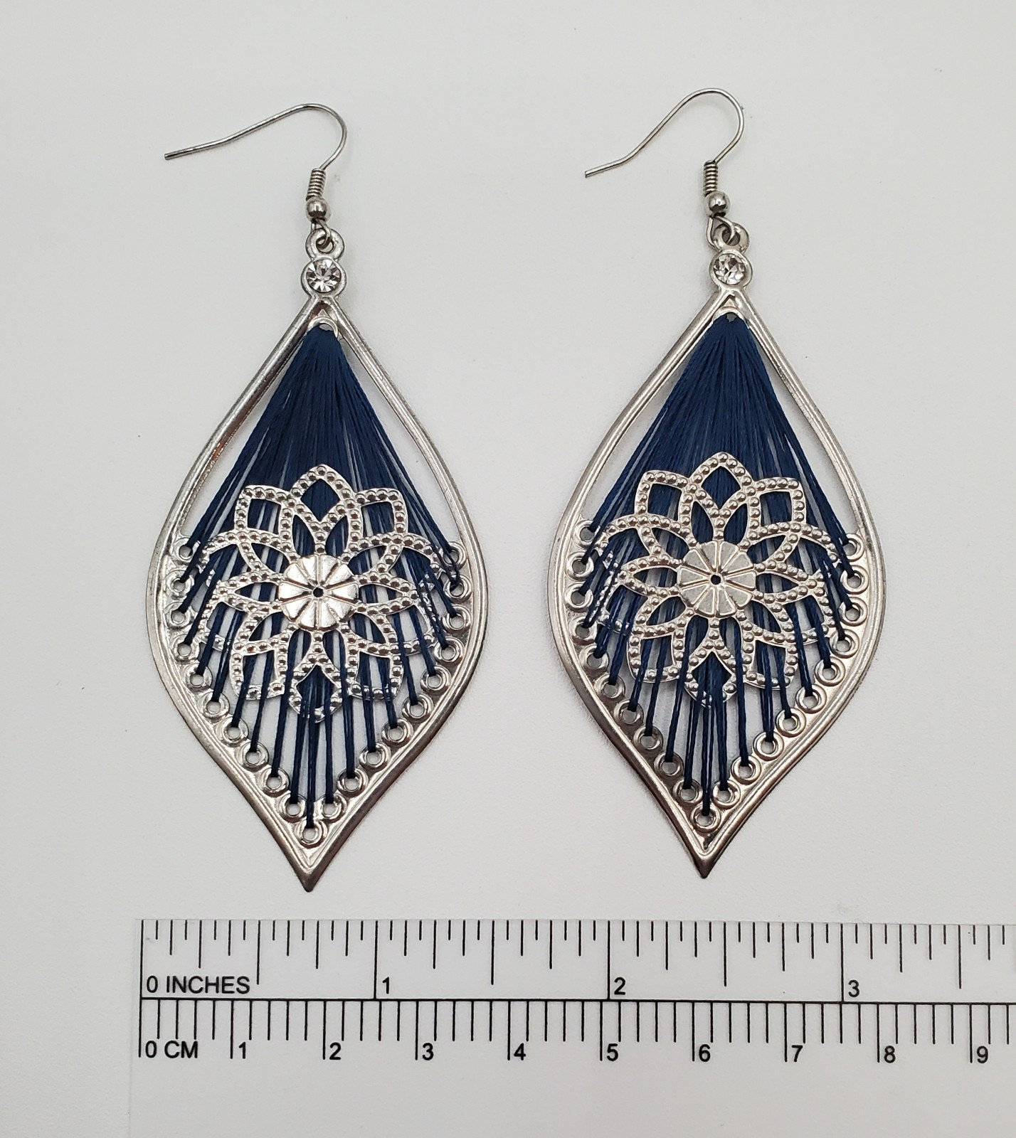 Blue Woven Thread Earrings 3.5in Drop Silver Tone Filigree Flowers Lightweight