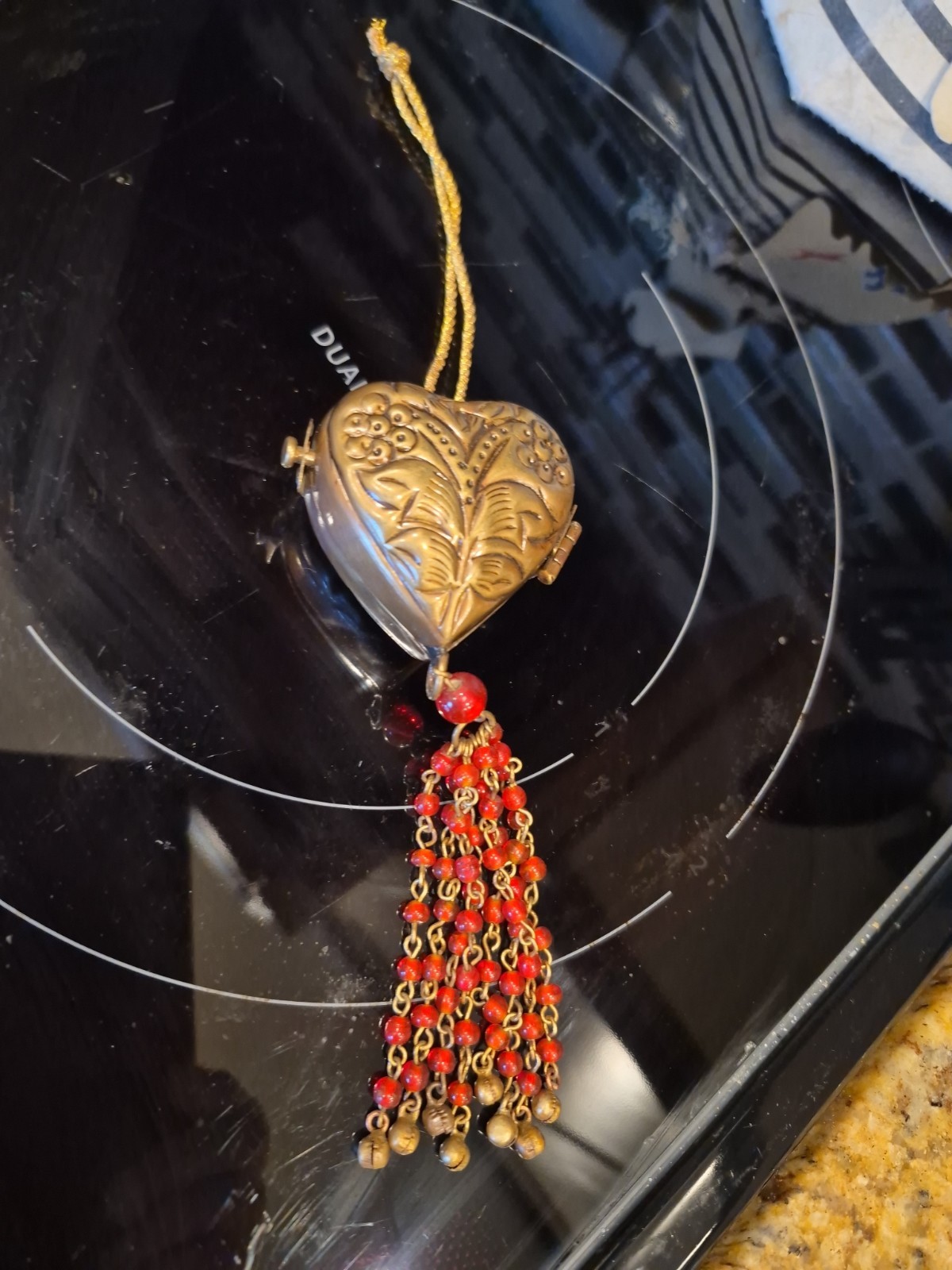 Vtg Brass 6″ Hanging Heart LOCKET with 3″ Beaded Tassel Beautiful!