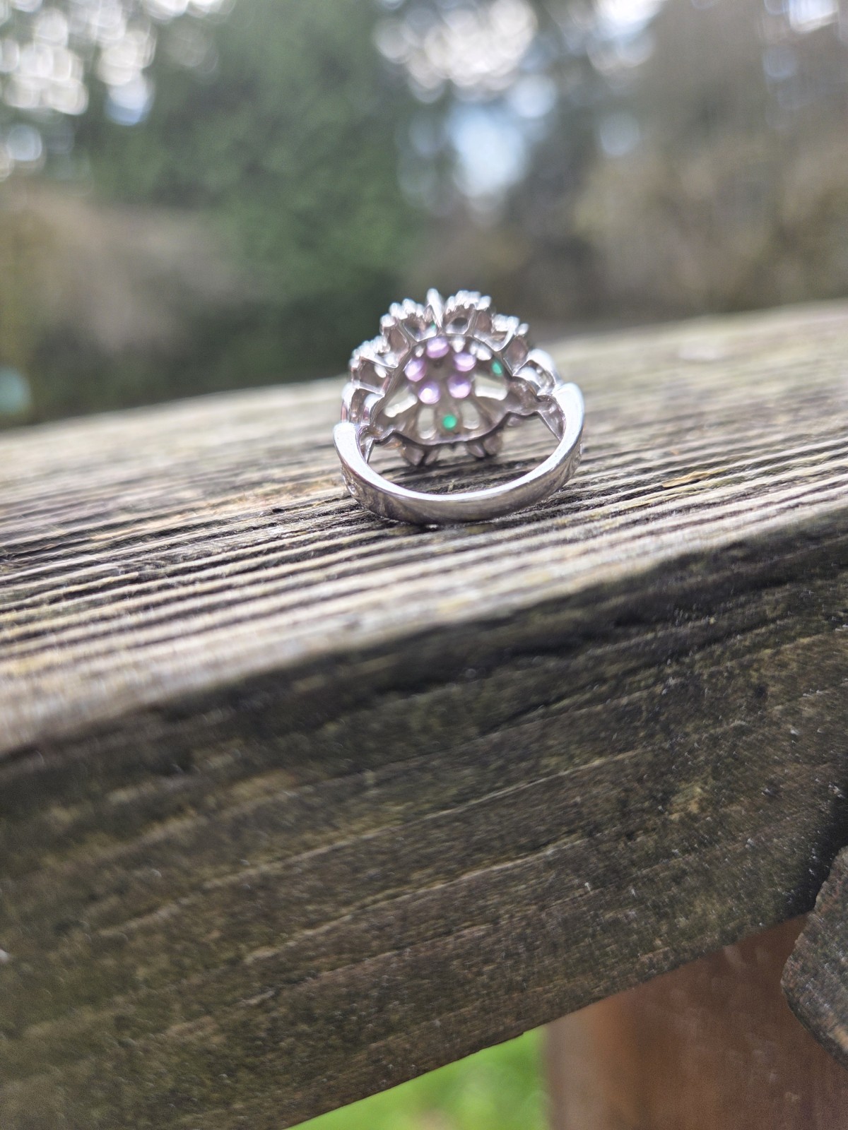 Sterling Silver Flower Ring 925 Size 5 Emerald Ruby Cubic Zirconia Art Deco Styl