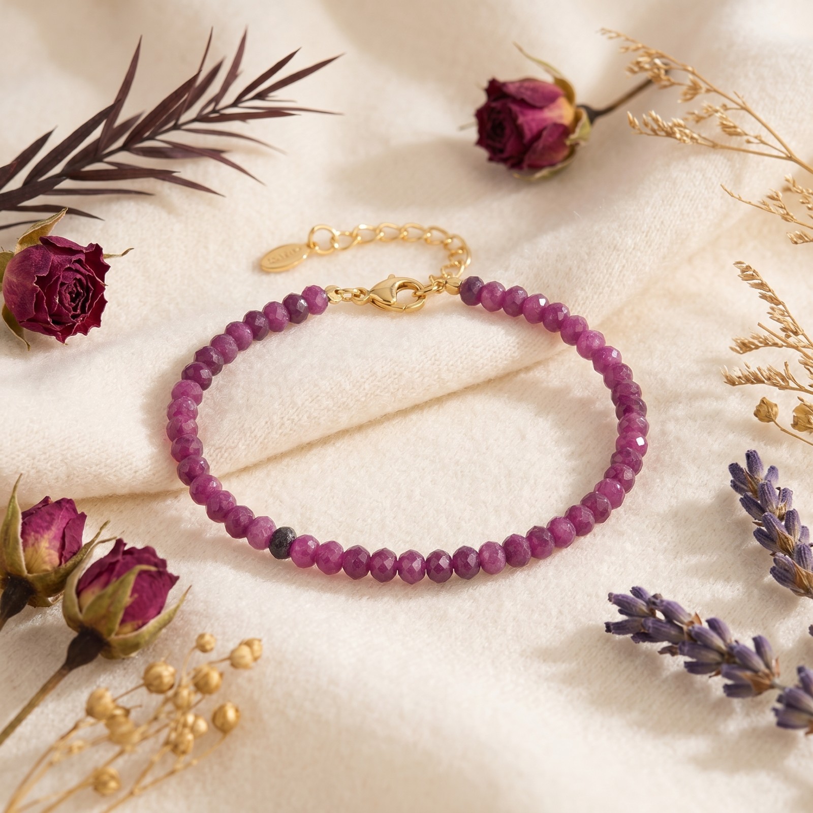 3mm Natural Ruby Faceted Bead Bracelet Adjustable Gold Plated Love Vitality