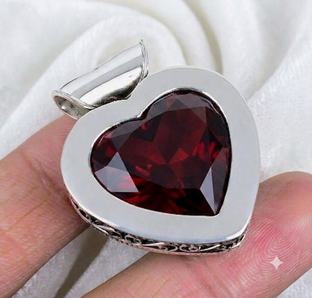 Mozambique Garnet Heart Gemstone Handmade 925 Sterling Silver Jewelry Pendant 2″