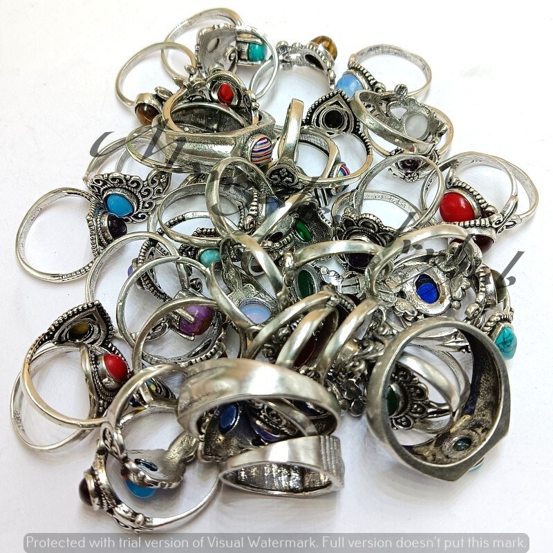 Elegant Coral & Mix Gemstone 10PCS Rings 925 Silver Plated Wholesale Jewelry Lot