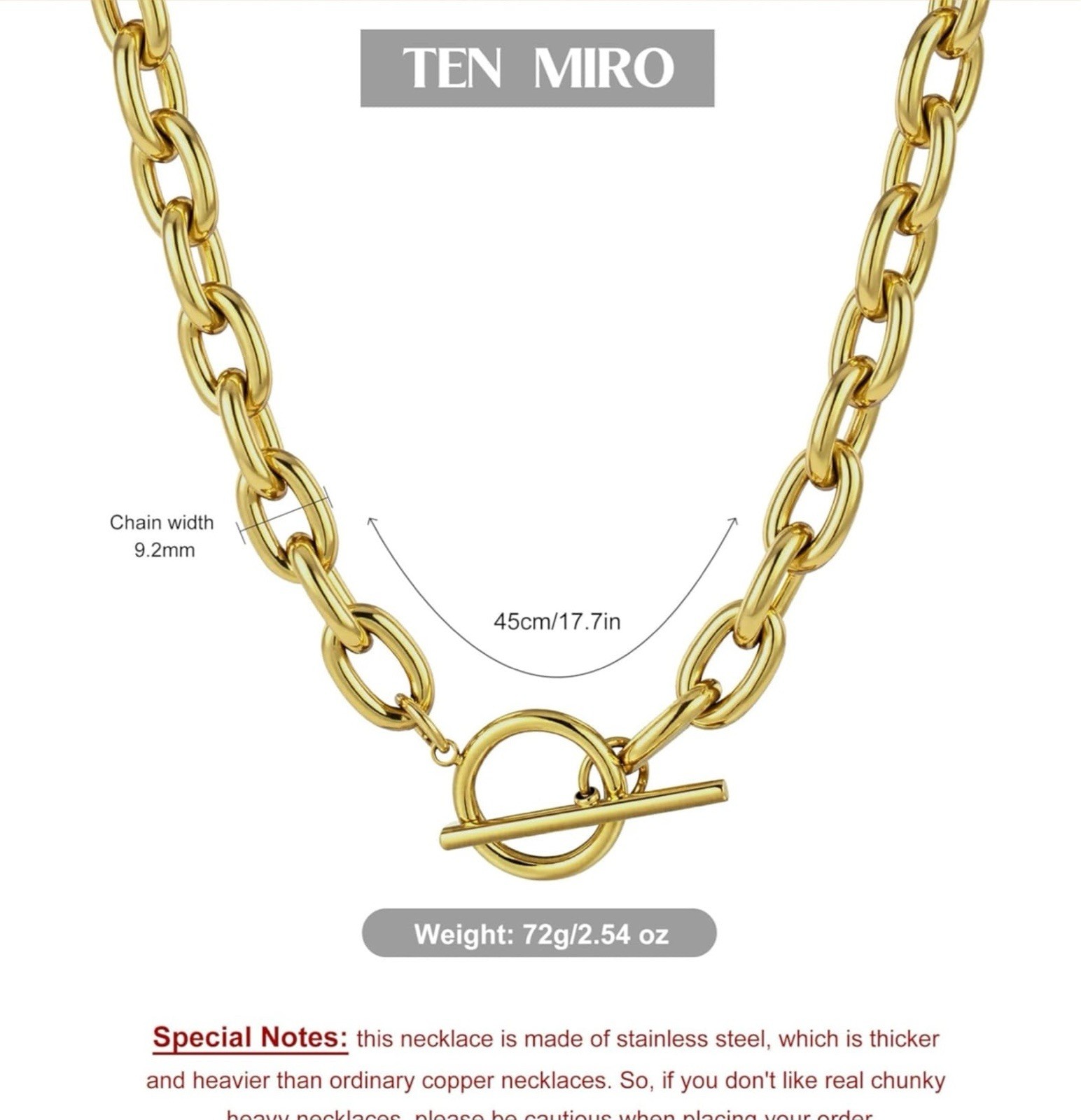 18k Gold Plated Stainless Steel Chic Gold Chain Necklace with Toggle Clasp