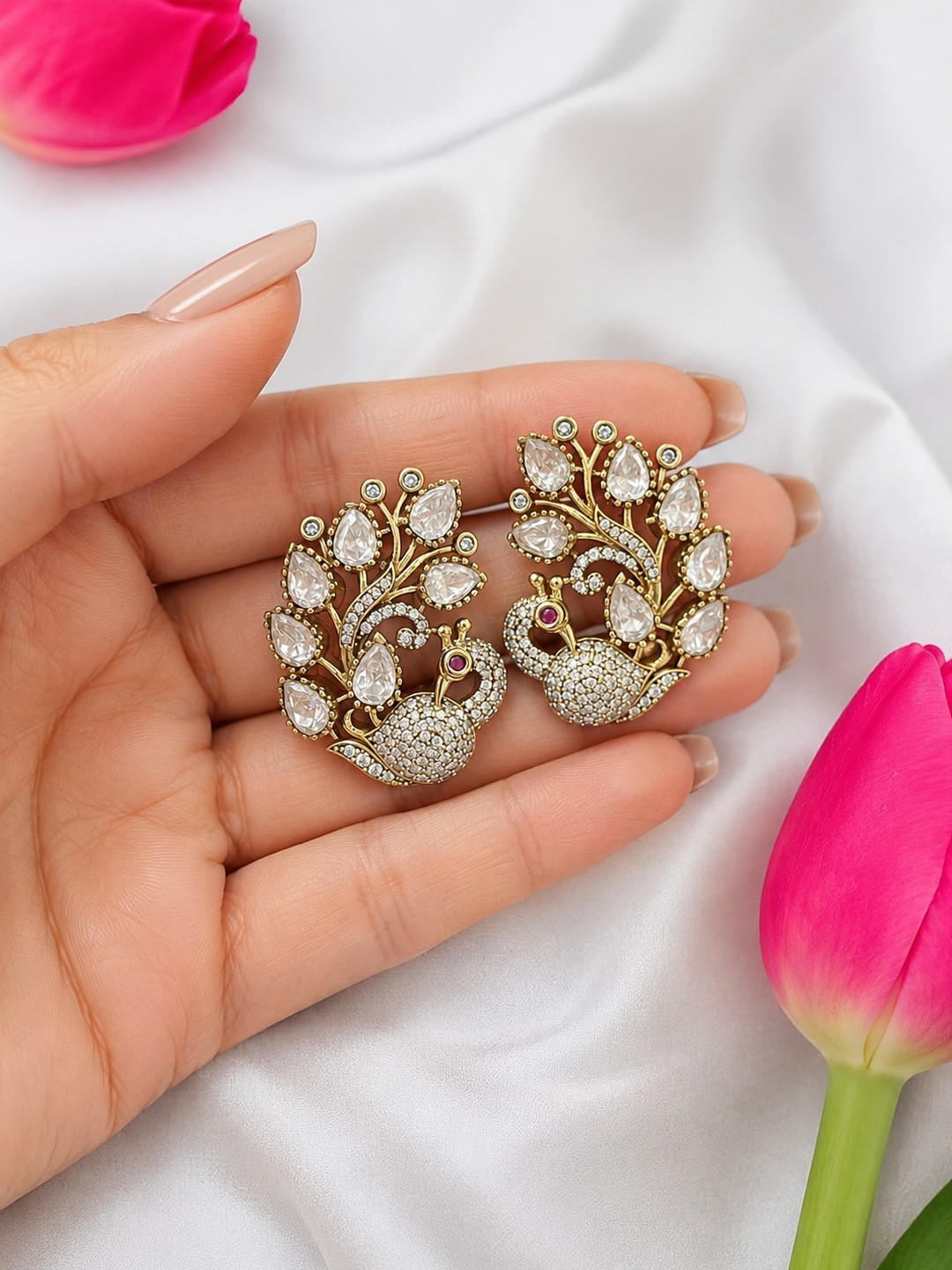 Victorian Brass Peacock Moissanite Polki AAA AD Stud Earrings for Women