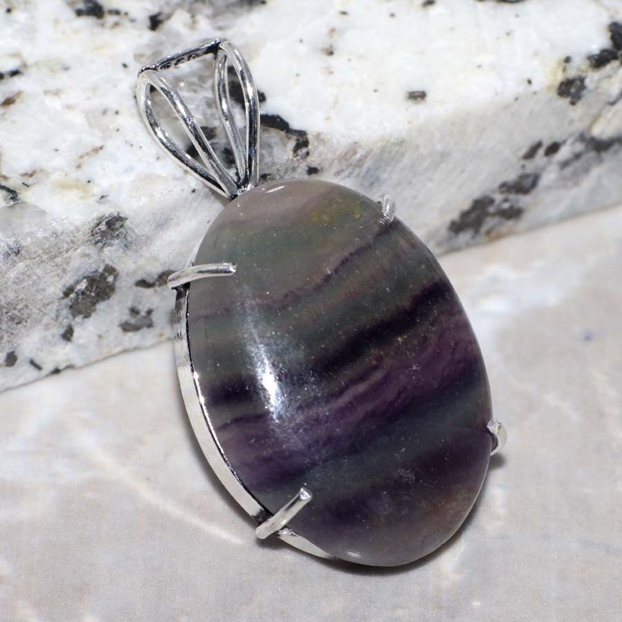 925 Silver Plated Outstanding Fluorite Pendant 1.5″ Layering Friendly Design GW