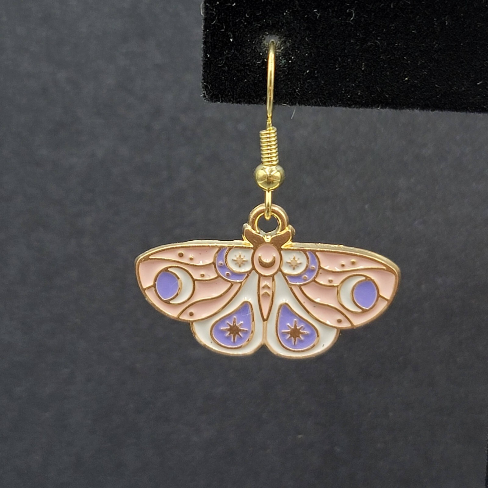 Moth Pierced Earrings Gold tone Pink Purple White Enamel Dangle 5/8″