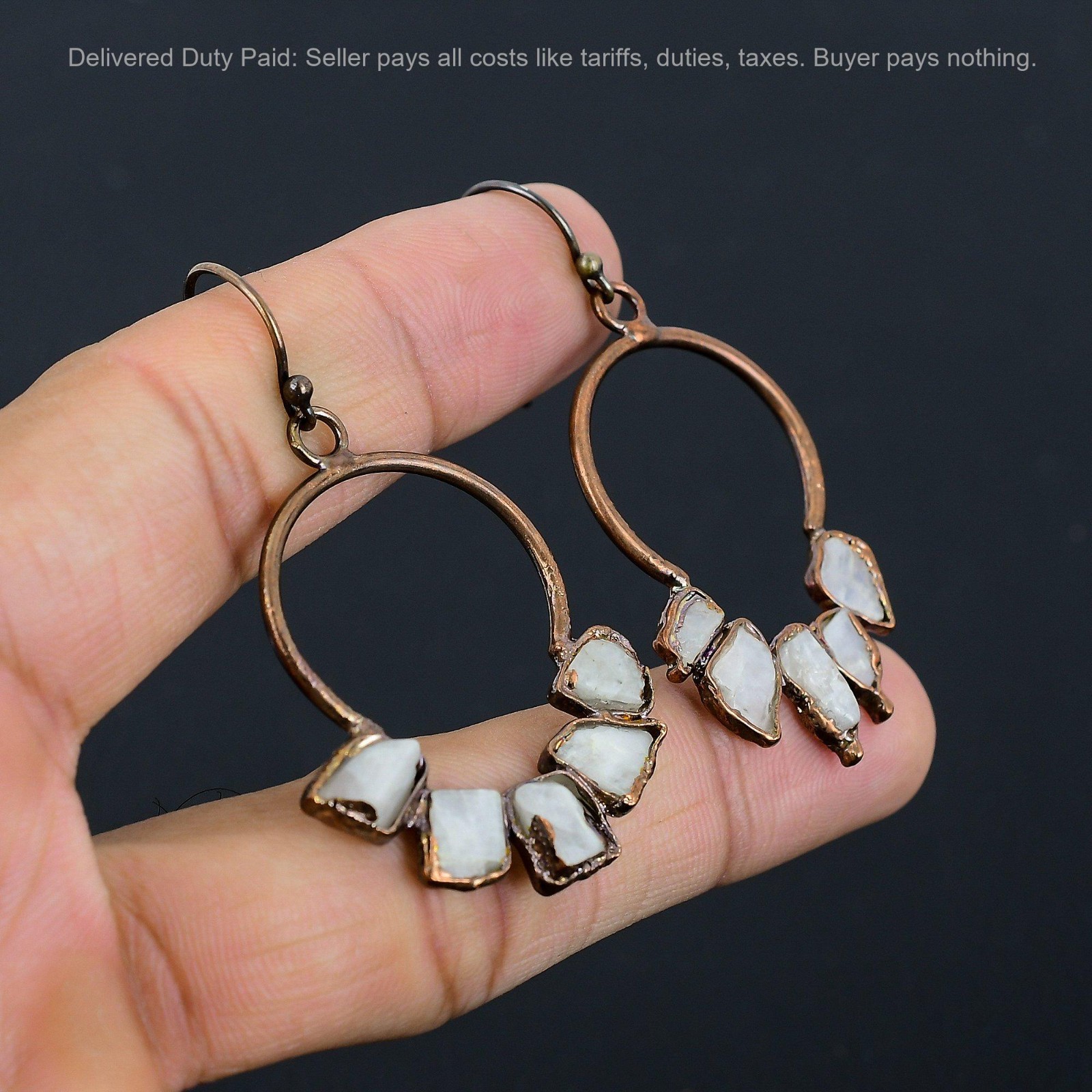 Copper Pentagon Natural Rainbow Moonstone Rough Drop Electroformed Wife Earrings
