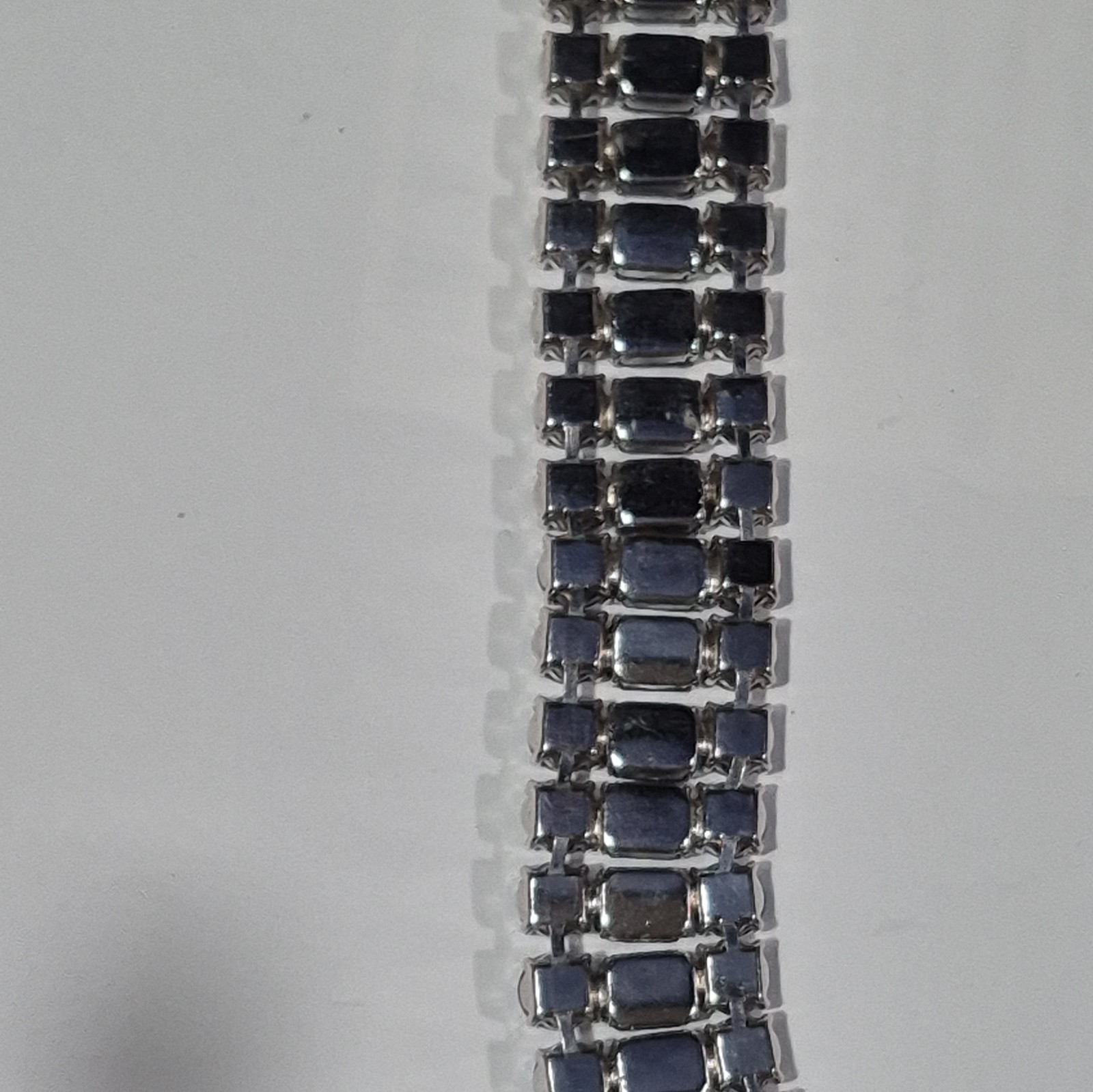 Blue Crystal Tennis Bracelet, Safety Chain, Silver Tone, 7.5in, Box Clasp