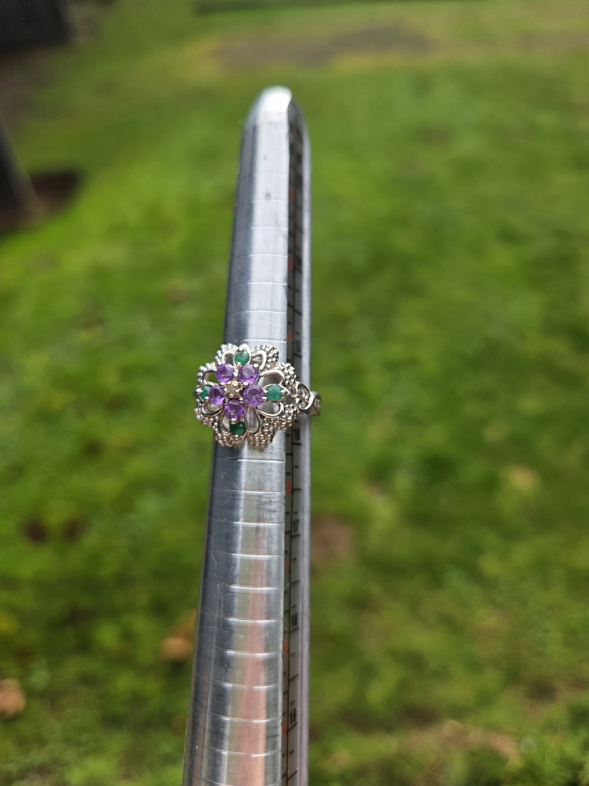 Sterling Silver Flower Ring 925 Size 5 Emerald Ruby Cubic Zirconia Art Deco Styl