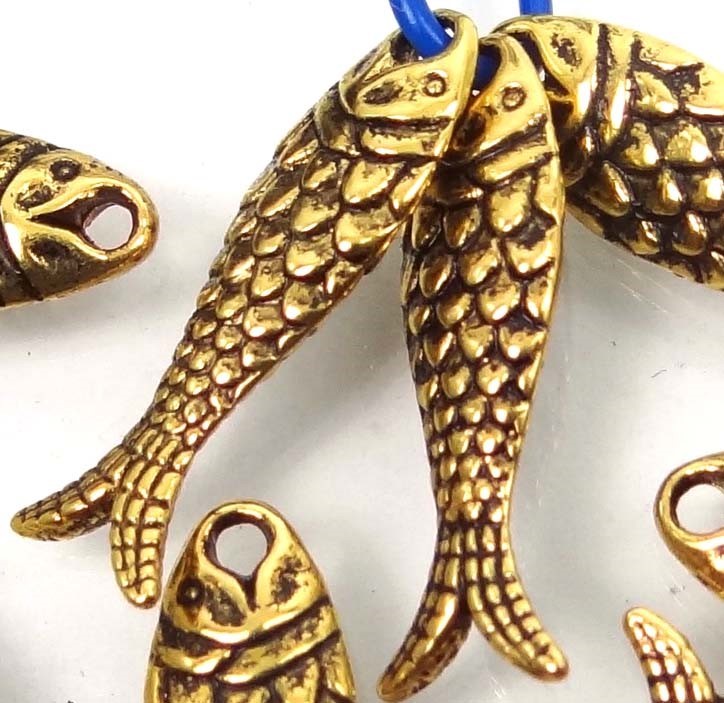 10 Antique Tibetan Style Gold Pewter Fish Bead Charms 24x7mm