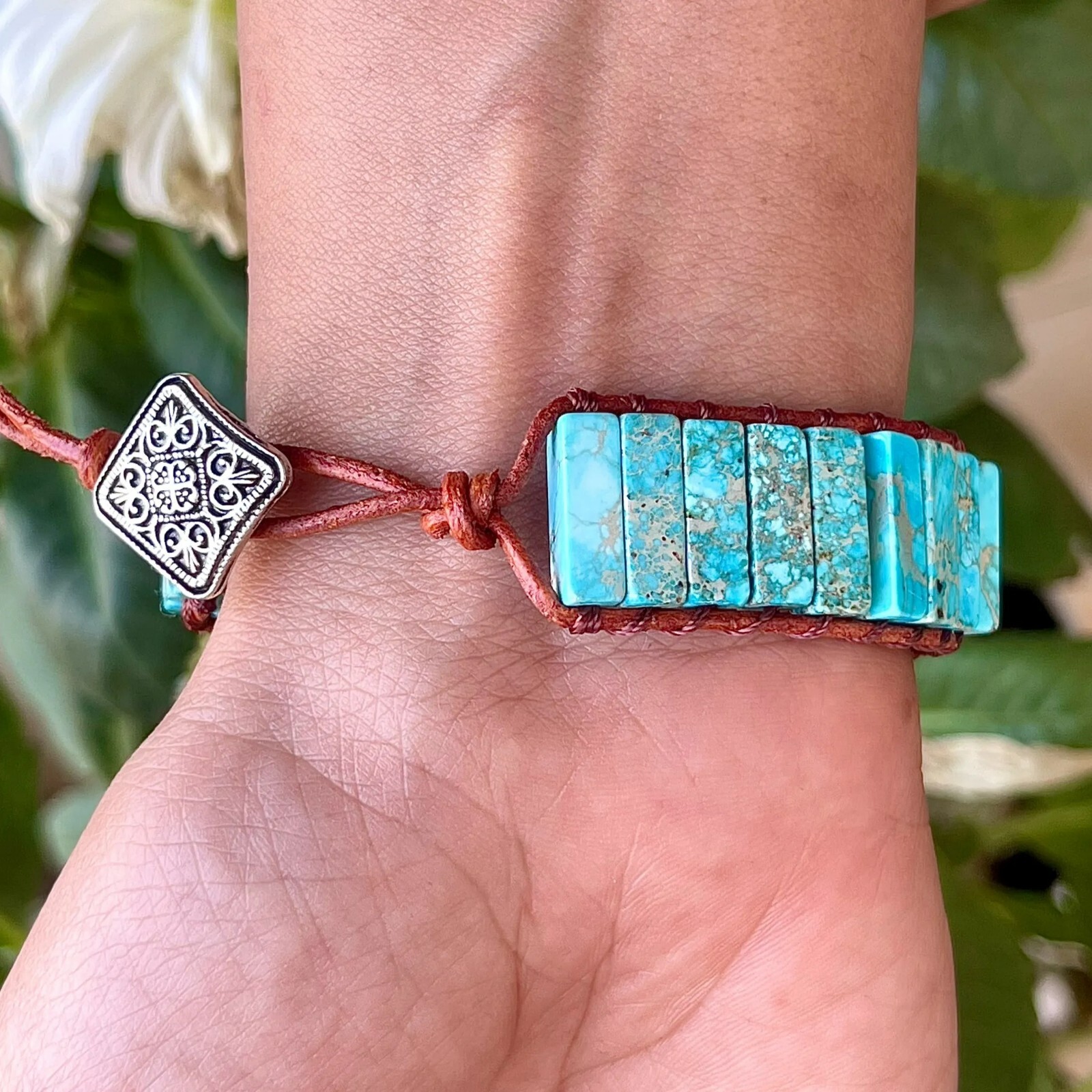 Natural Turquoise Leather Boho Handmade Healing Meditation Women Wrap Bracelet