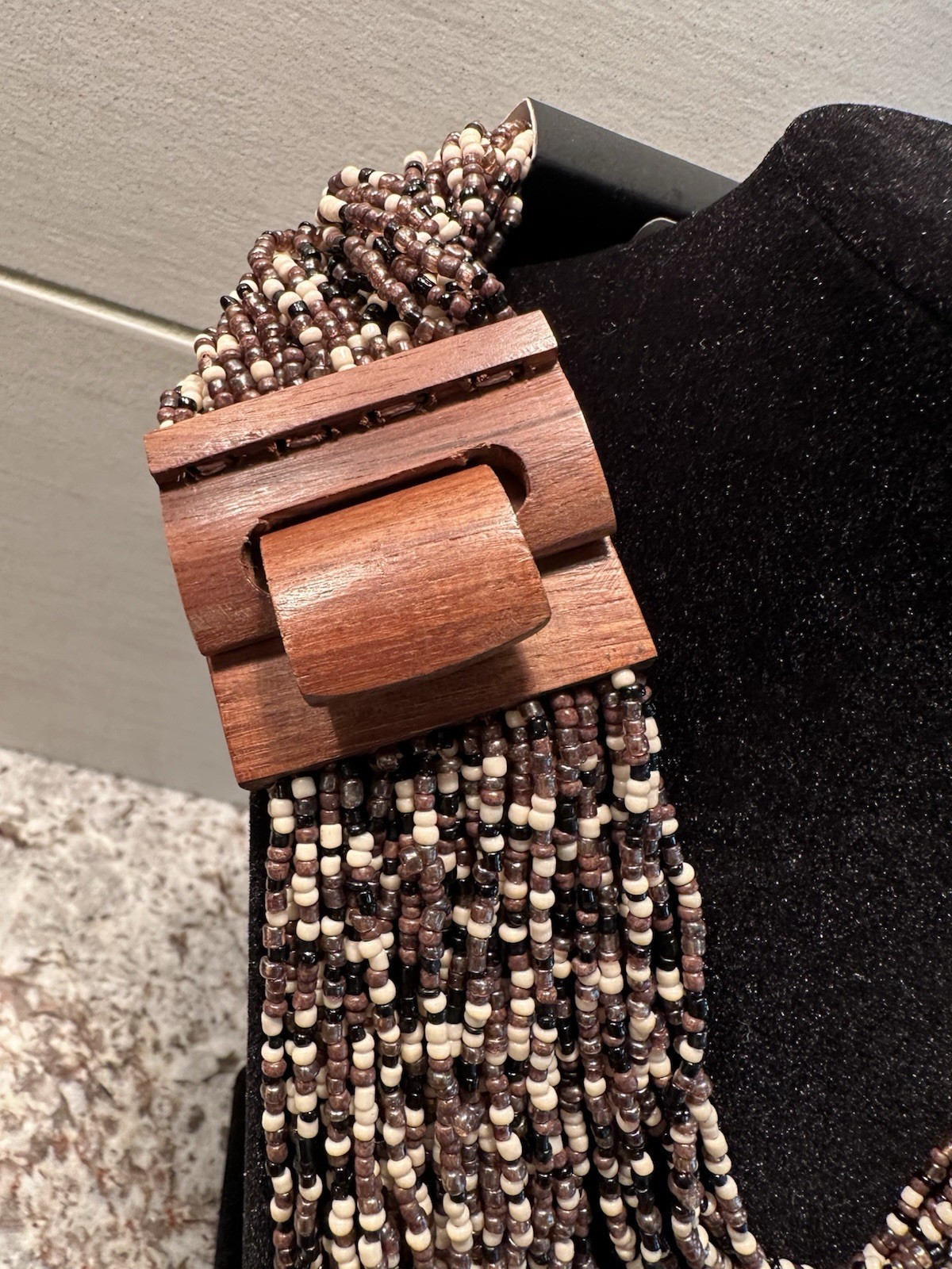 Tanya Creations Brown/Ivory Multi-Strand Beaded Necklace Wood Slide Clasp