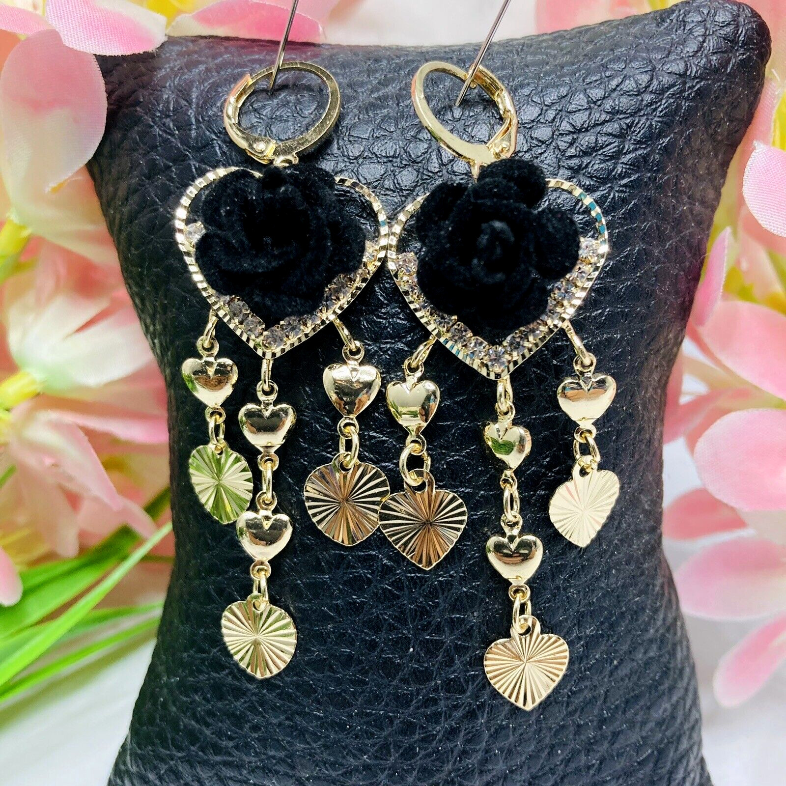 14k Gold Plated Heart Shape Earrings with 3D Black Velvet Rose Aretes Corazon