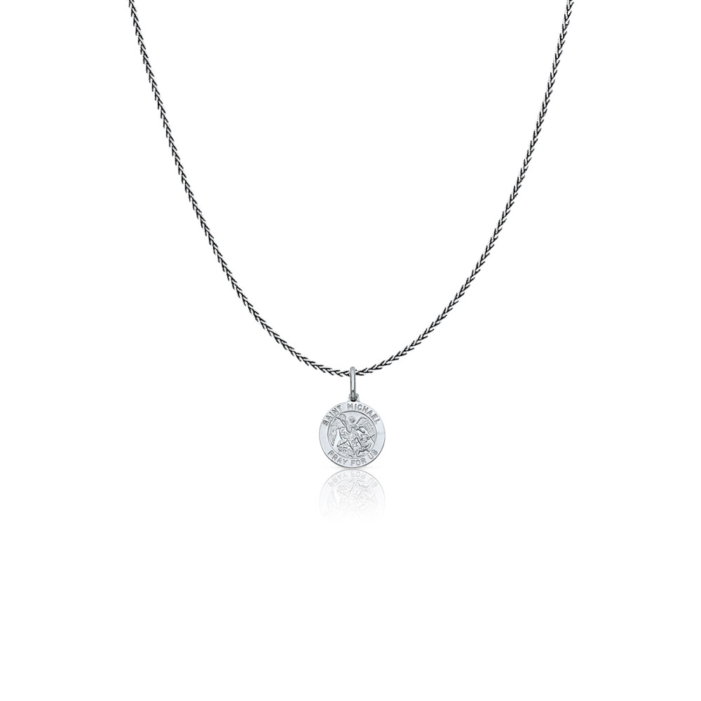 14K White Gold St. Michael Pray For Us Charm Pendant &0.9mm Wheat Chain Necklace