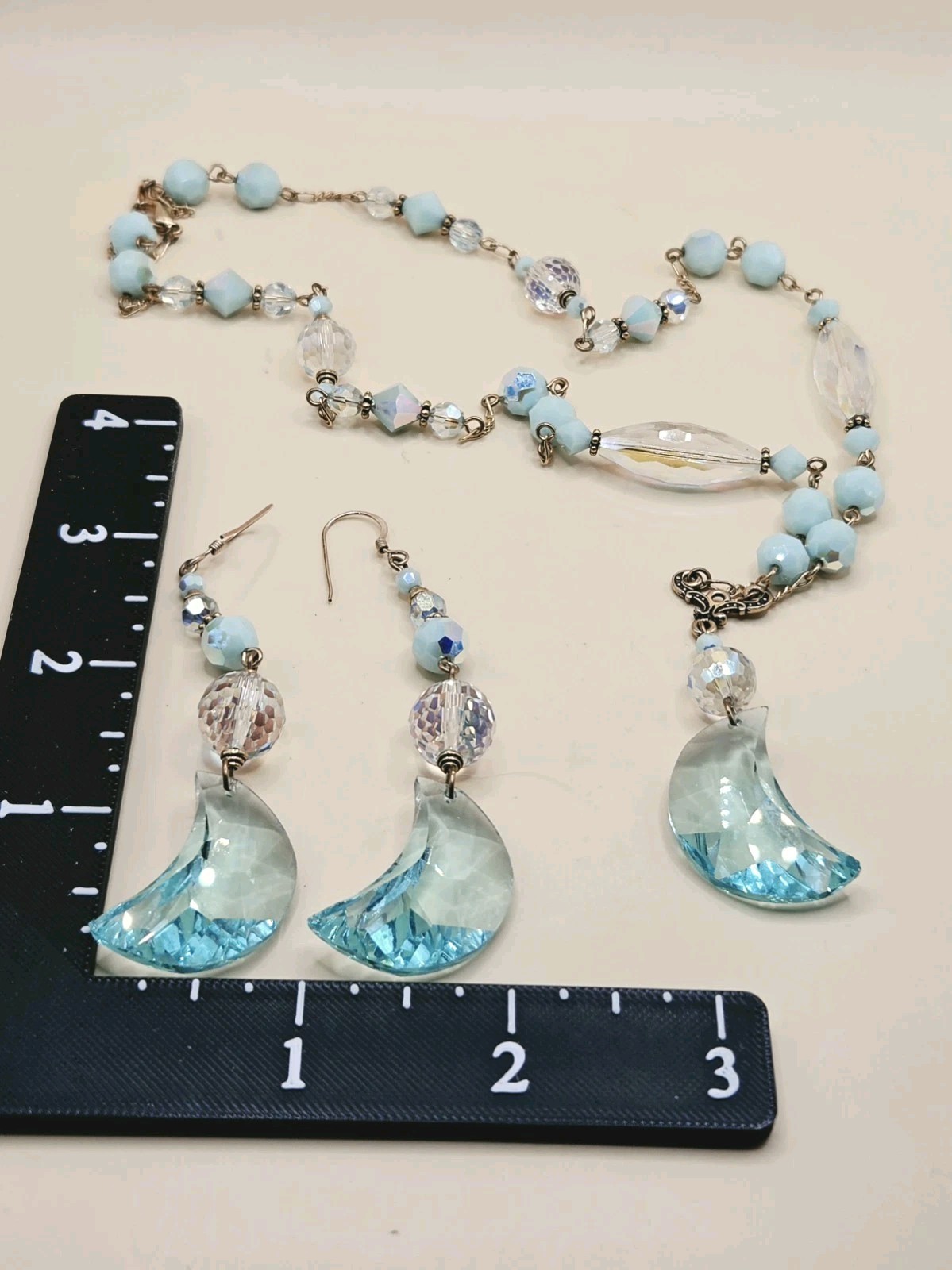 Necklace Set Glass Crystal W Match Pierced Earr Coastal Blue Moon 22″ 0094