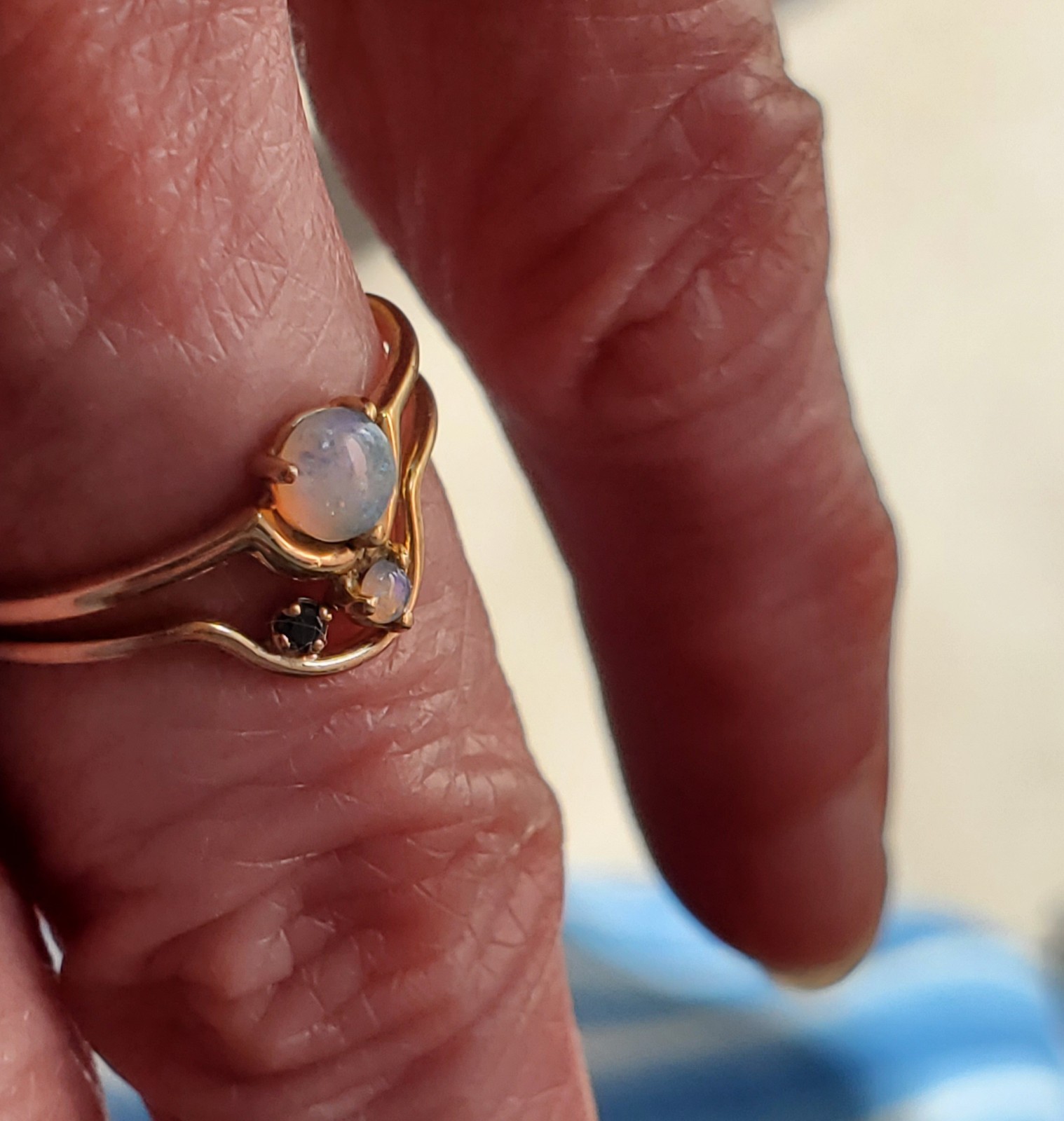 Pair of Wwake Opal Nestled Rings w/ diamond sapphire 14k yellow gold size 5.5