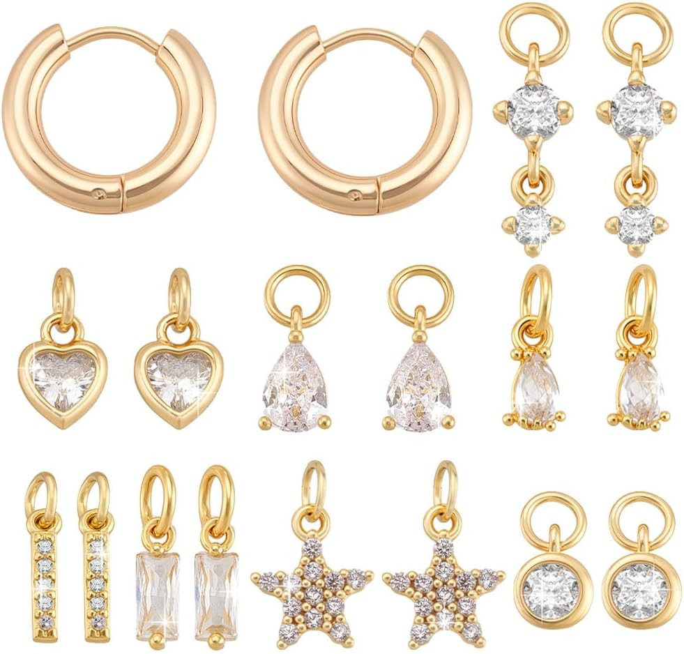 PH Pandahall 9 Pairs 18K Gold Plated Huggie Earrings and Charm Set for Women Gol
