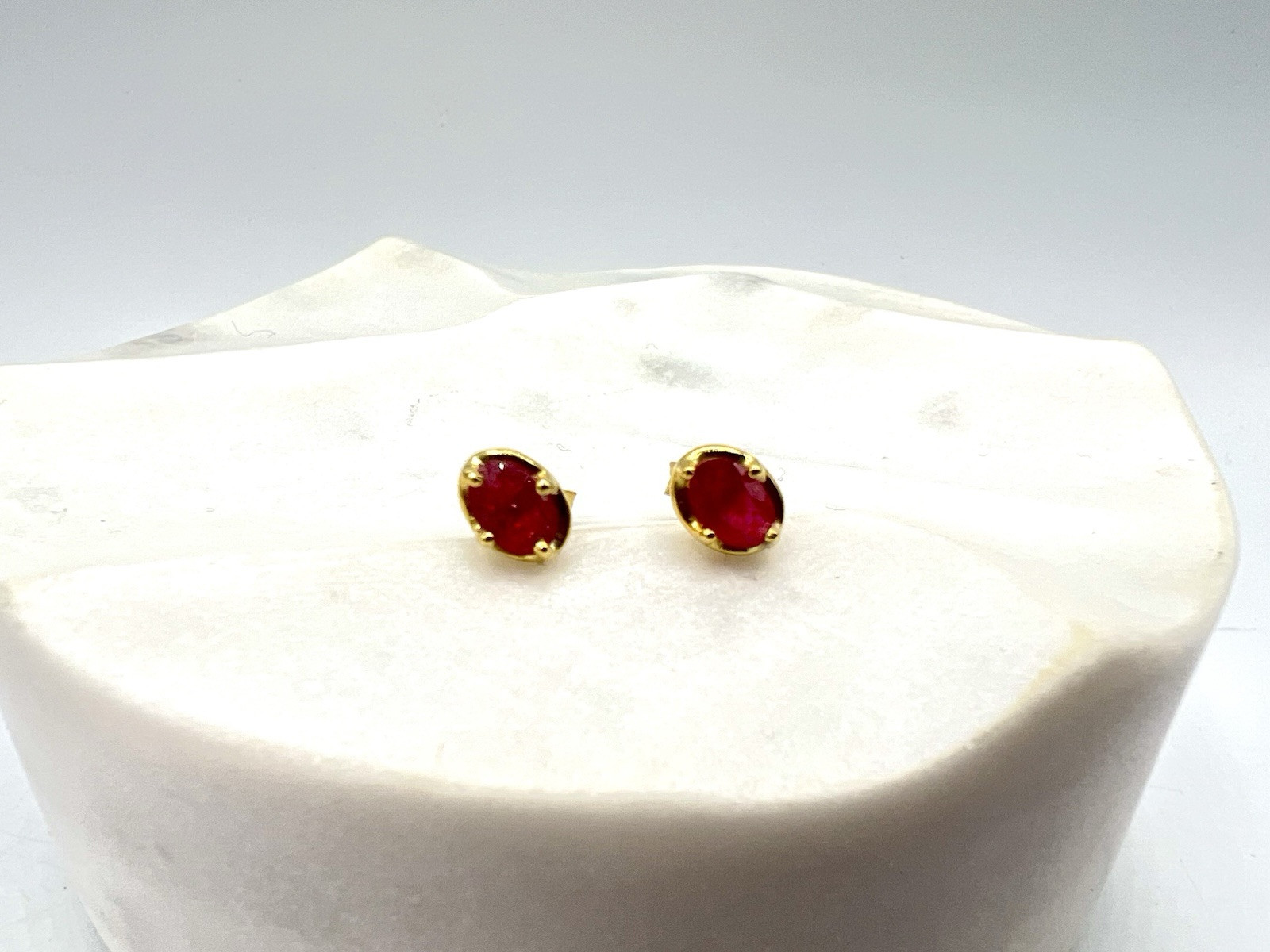 Ruby Gemstone Oval Post Back Earrings – Roost Collection – Gold Plated Silver