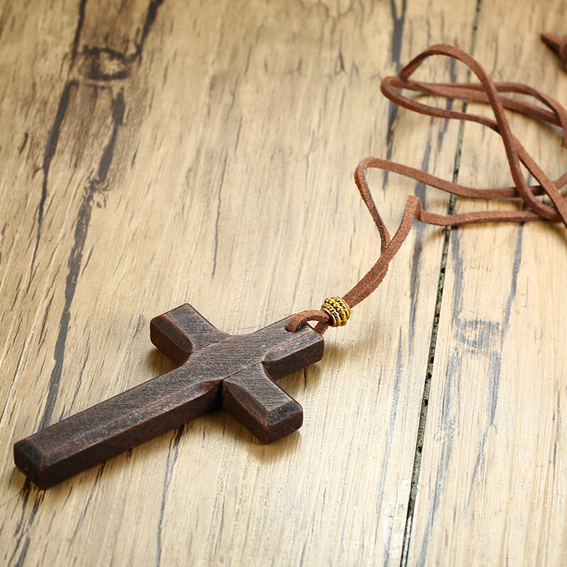 Retro Wood Cross Crucifix Leather Cord Pendant Men Women Necklace Sweather Chain
