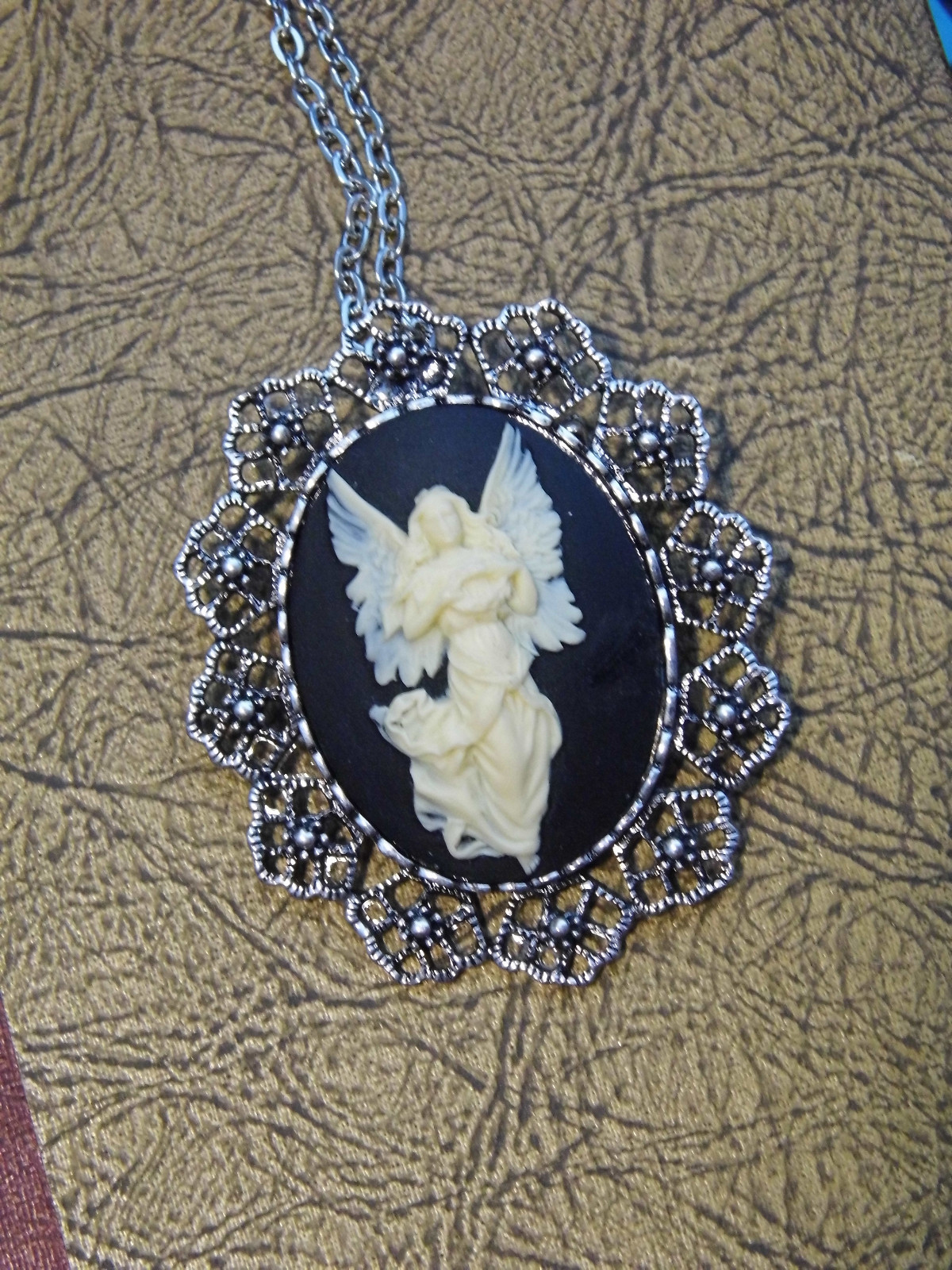PENDANT BROOCH Cameo NECKLACE ANGEL GUARDIAN Birthday gift Anniversary Grandma