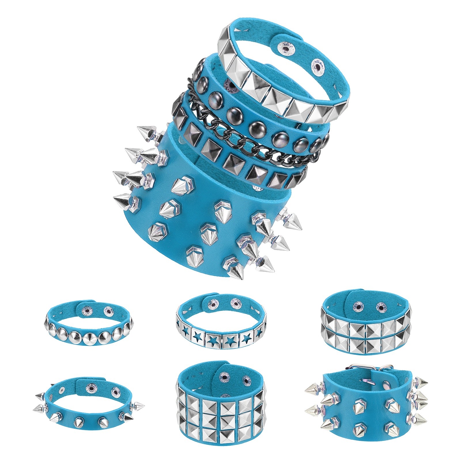 9Pcs Rock Punk Studded Bracelet Set 8.7″/22cm Adjustable Bracelets Light Blue