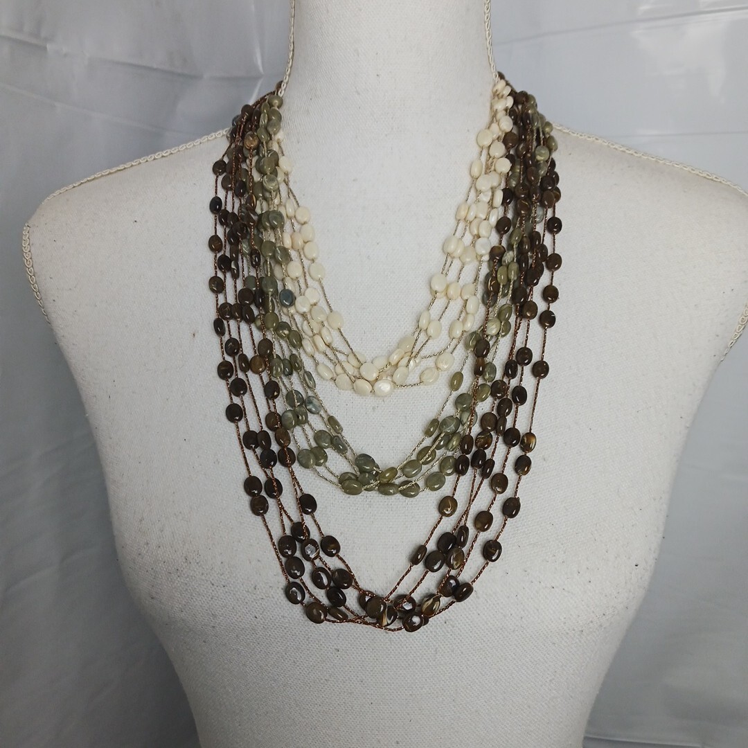 Layered Statement Necklace Multi Ivory Green Earth Tone Beaded Boho Wear To Work