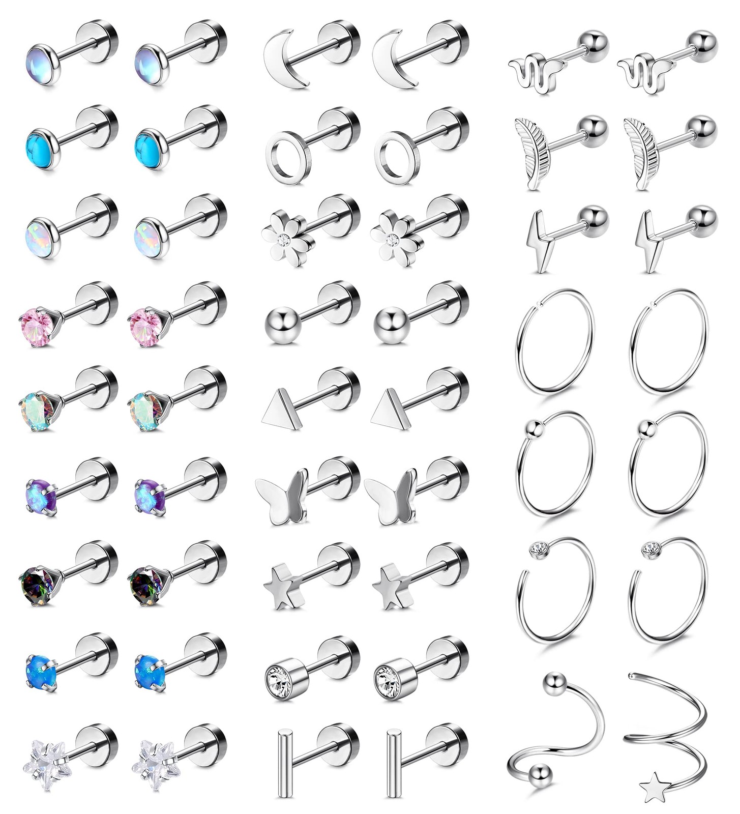 Dochais 25 Pairs Hypoallergenic Flat Back Stud Earrings Set for Women, Silver