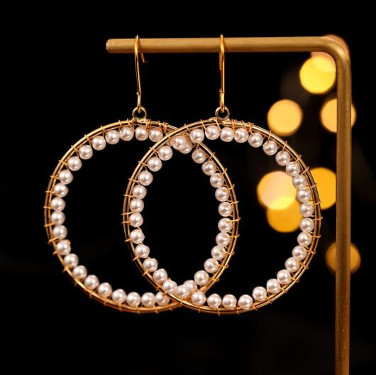 Special Big Round Natural Pearl Gemstone Yellow Gold Plated Dangle Earrings