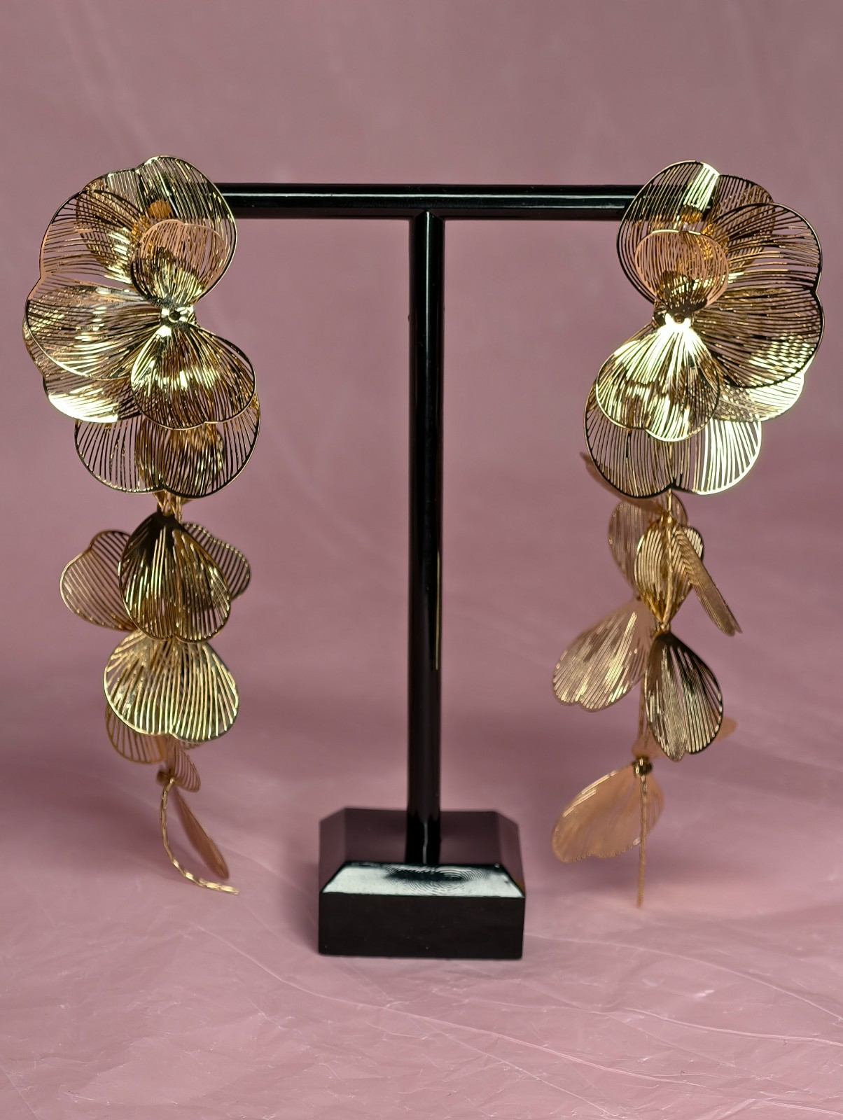 Gold Floral Statement Drop Earrings Large Orchid Flower Dangle Wedding 11cm