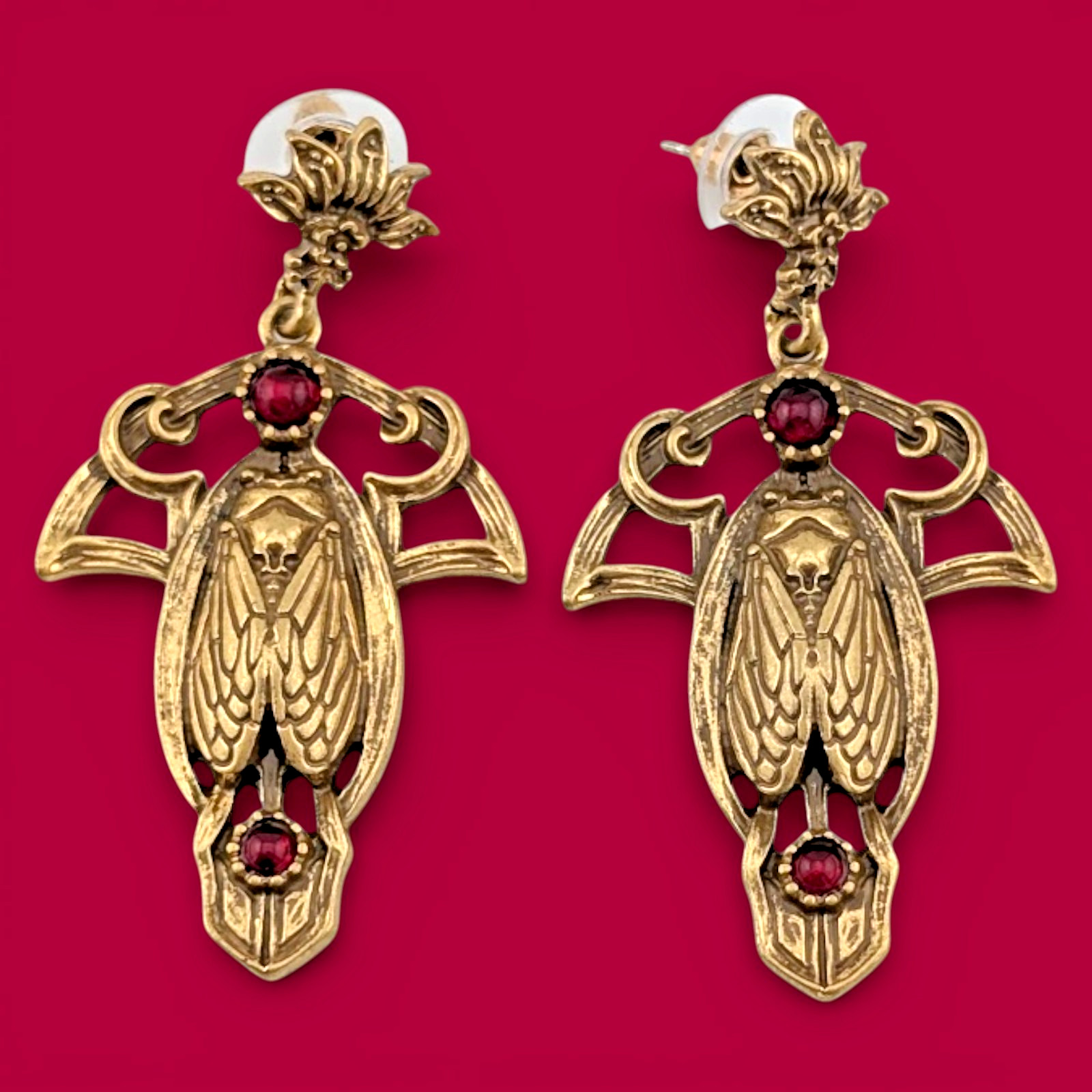 ART DECO CICADA EARRINGS brass insect & burgundy “stones” nouveau gothic S2