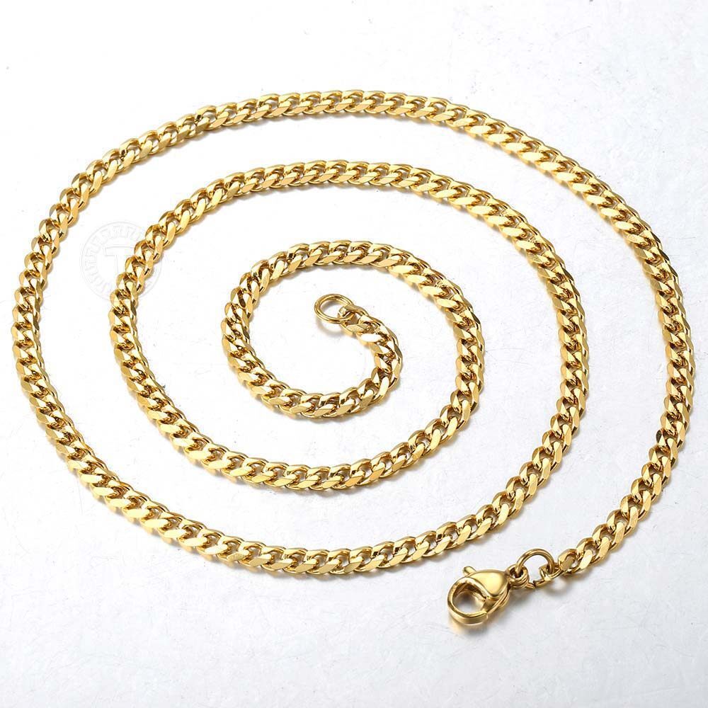 3MM Gold Plated Stainless Steel Curb Chain Necklace Bracelet Jewelry Set 7-30IN