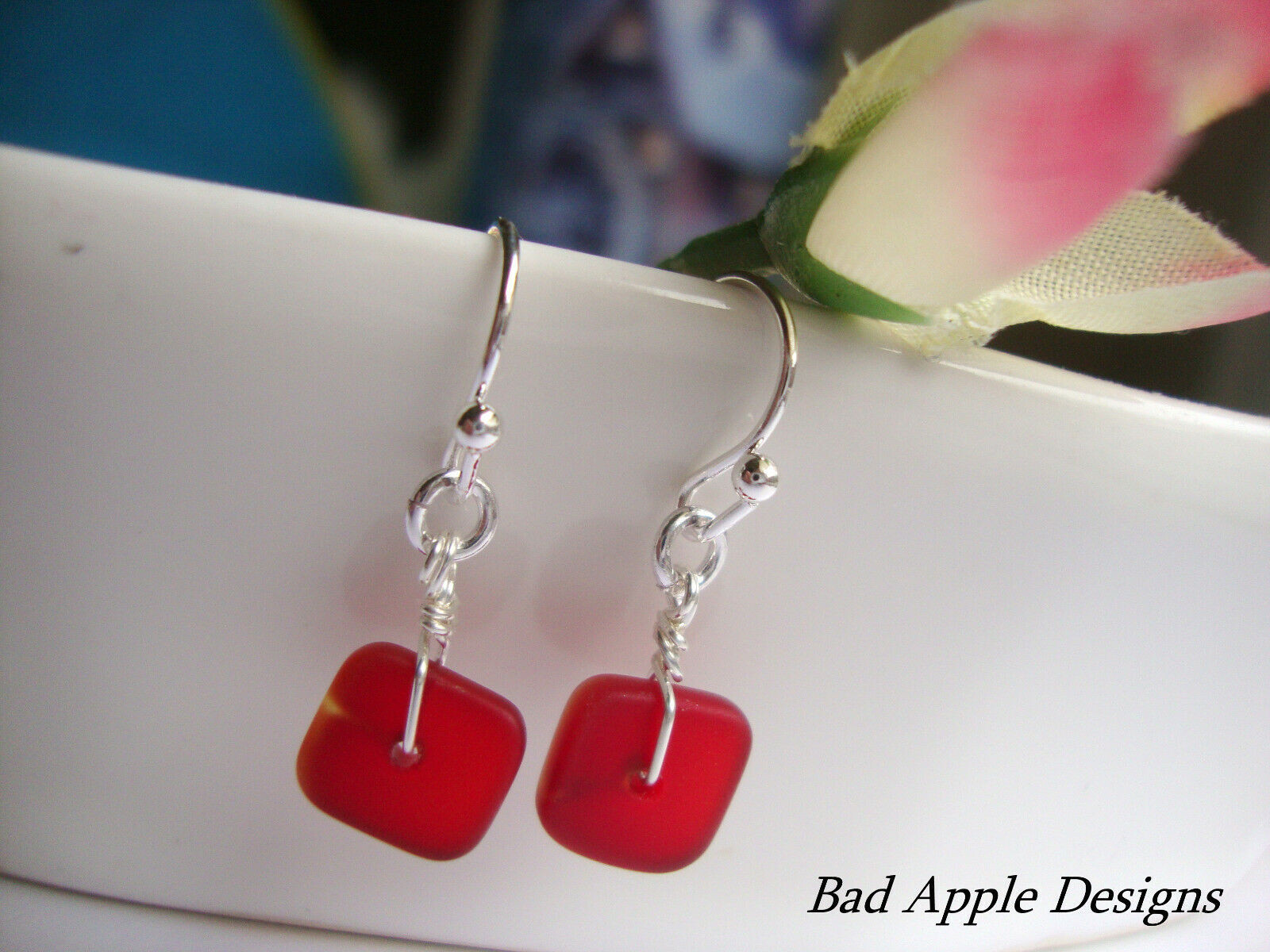 Flat, Forward-Facing, Dainty Frosted Sea GlassSilver Dangle Earrings, Minimalist