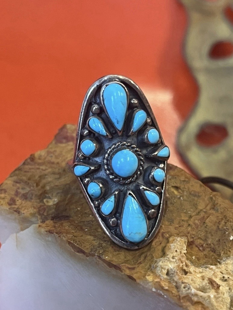 70s VTG 925 Sterling Silver Turquoise Cluster Sunburst Statement Ring Size 8.25