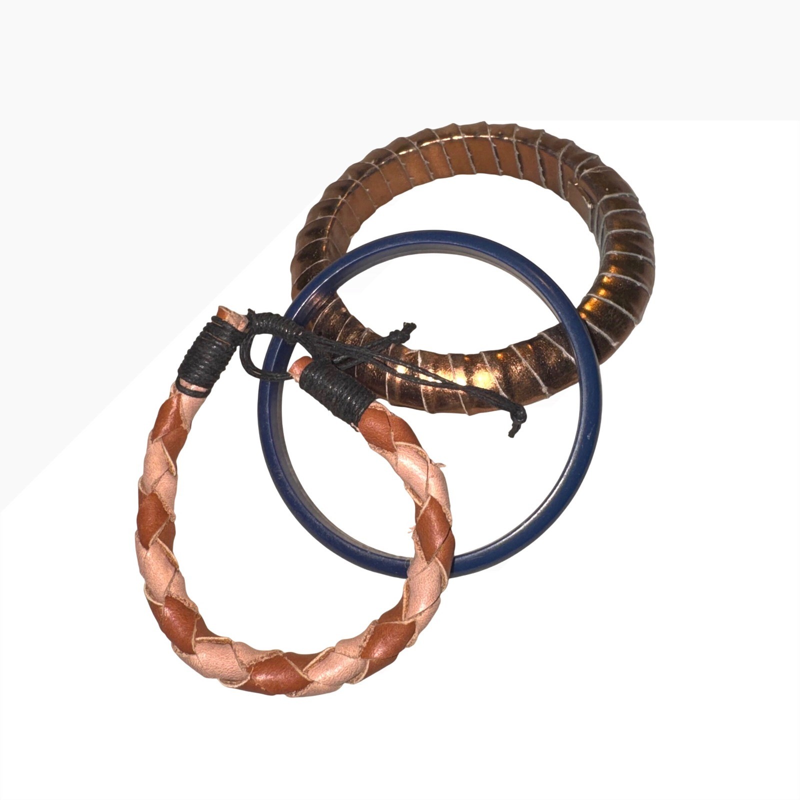 Womens 3pc Bracelet Set Boho Braided Leather Navy Resin Bronze Metallic Bangles