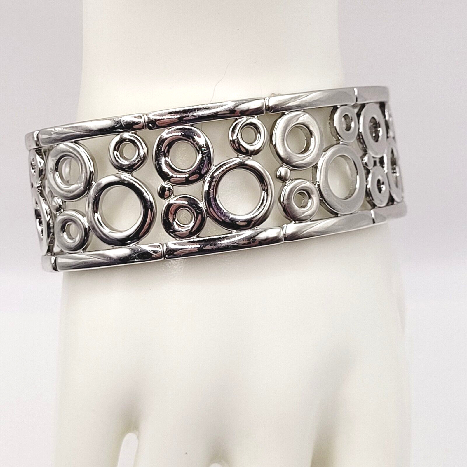Modern Art Deco Open Circles Shiny Silver Tone Stretch Modernist Bracelet