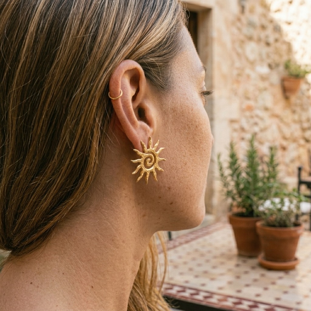 Elegant Gold Tone Sunburst Spiral Stud Earrings Boho Pierced Jewelry