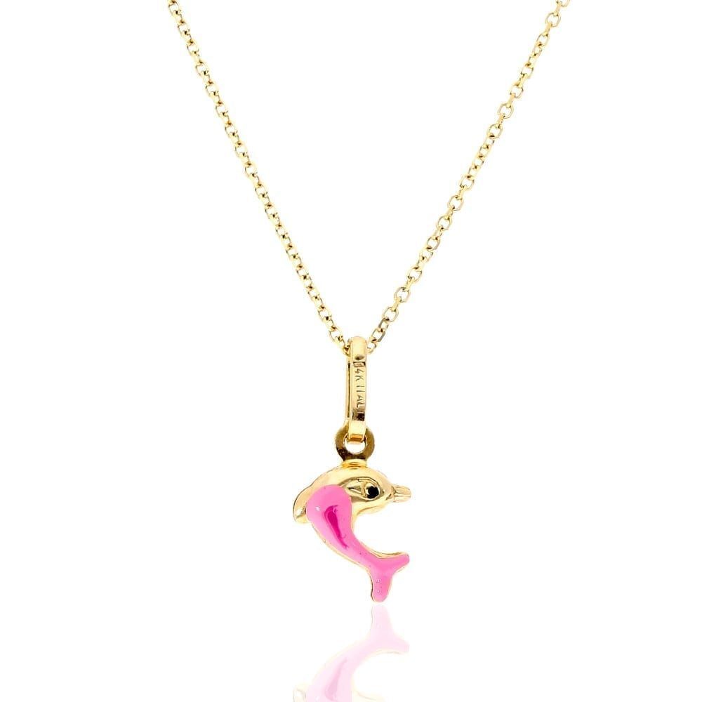 14k Yellow Gold Pink Enamel Dolphin Pendant With Cable Chain 16-18″