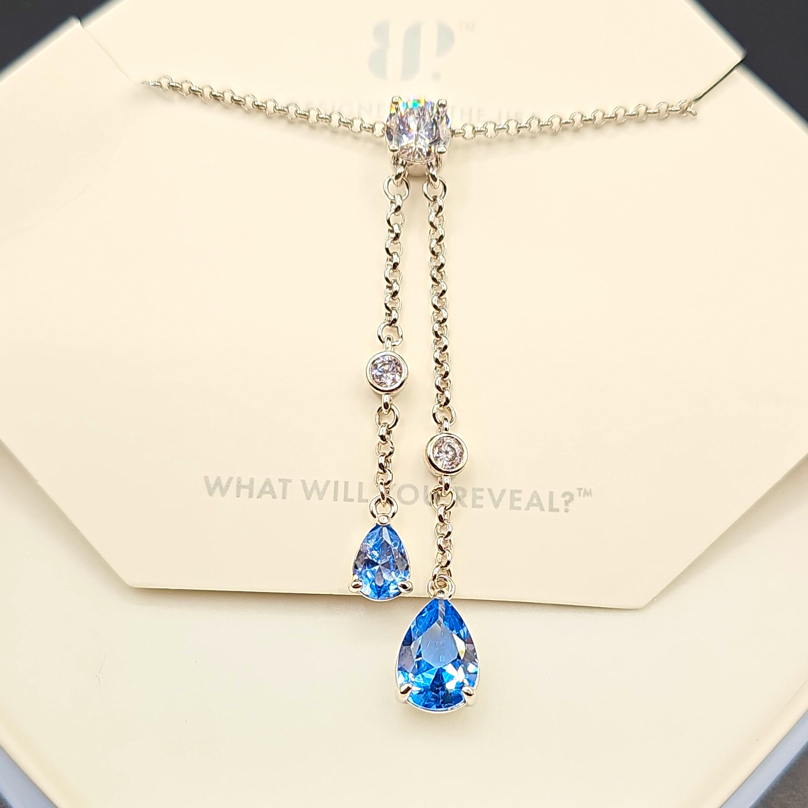 Bp OG 2026 NK25214 Rhodium Plated Blue Spinel CZ Teardrop Lariat Necklace 18″